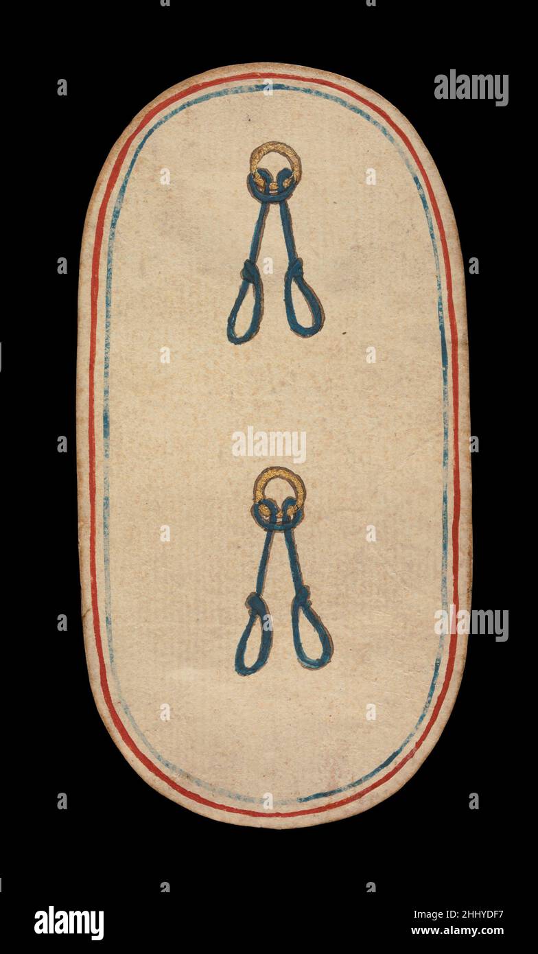 2 di Nooses, dalle carte da gioco dei Chiostri ca. 1475–80 South Netherlandish il set Cloisters di cinquantadue carte costituisce l'unico mazzo completo conosciuto di carte da gioco ordinarie illuminate (al contrario delle carte tarocchi) del XV secolo. Ci sono quattro tute, ciascuna composta da un re, una regina, un cavaliere e dieci carte pip. I simboli del vestito, basati sull'attrezzatura associata alla caccia, sono corna da caccia, collari di cane, tether di cane e nooses di gioco. Il valore delle carte pip è indicato da opportune ripetizioni del simbolo del seme. Le cifre, che sembrano essere basate su Franco-Flemis Foto Stock