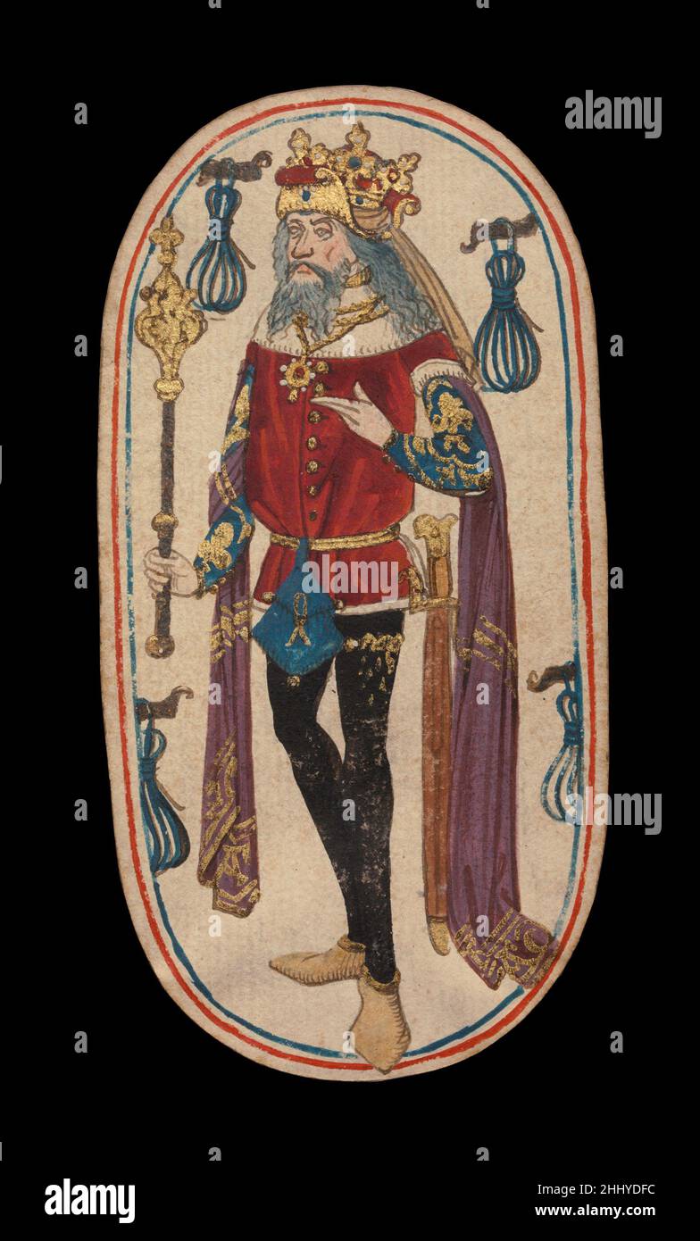 Re di Tethers, dai Cloisters Playing Cards ca. 1475–80 South Netherlandish il set Cloisters di cinquantadue carte costituisce l'unico mazzo completo conosciuto di carte da gioco ordinarie illuminate (al contrario delle carte tarocchi) del XV secolo. Ci sono quattro tute, ciascuna composta da un re, una regina, un cavaliere e dieci carte pip. I simboli del vestito, basati sull'attrezzatura associata alla caccia, sono corna da caccia, collari di cane, tether di cane e nooses di gioco. Il valore delle carte pip è indicato da opportune ripetizioni del simbolo del seme. Le cifre, che sembrano essere basate su Franco-Fl Foto Stock