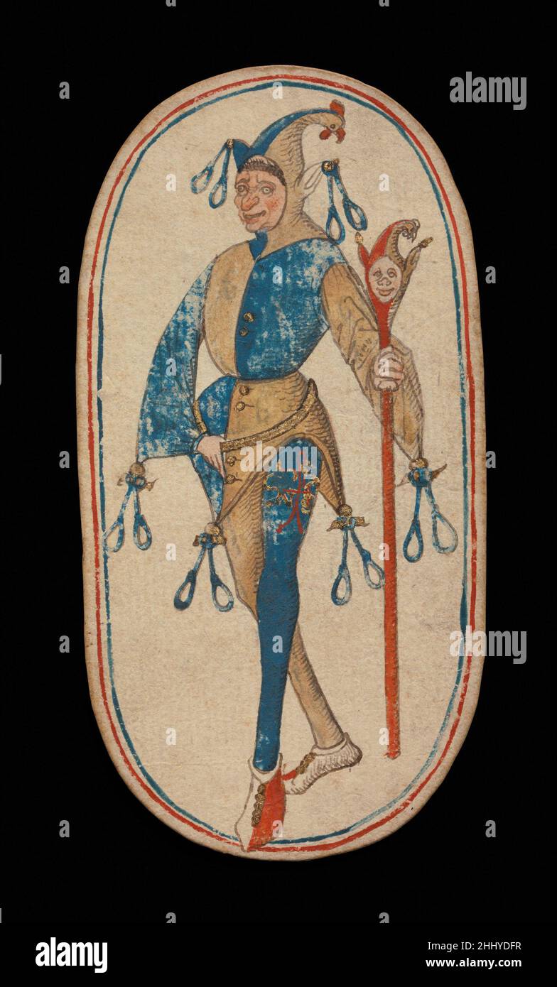 Cavaliere di Nooses, dalle carte da gioco dei Chiostri ca. 1475–80 South Netherlandish il set Cloisters di cinquantadue carte costituisce l'unico mazzo completo conosciuto di carte da gioco ordinarie illuminate (al contrario delle carte tarocchi) del XV secolo. Ci sono quattro tute, ciascuna composta da un re, una regina, un cavaliere e dieci carte pip. I simboli del vestito, basati sull'attrezzatura associata alla caccia, sono corna da caccia, collari di cane, tether di cane e nooses di gioco. Il valore delle carte pip è indicato da opportune ripetizioni del simbolo del seme. Le cifre, che sembrano essere basate su Franco-Fl Foto Stock