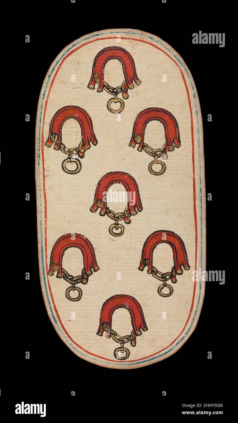7 dei Collars, dalle carte da gioco dei Chiostri ca. 1475–80 South Netherlandish il set Cloisters di cinquantadue carte costituisce l'unico mazzo completo conosciuto di carte da gioco ordinarie illuminate (al contrario delle carte tarocchi) del XV secolo. Ci sono quattro tute, ciascuna composta da un re, una regina, un cavaliere e dieci carte pip. I simboli del vestito, basati sull'attrezzatura associata alla caccia, sono corna da caccia, collari di cane, tether di cane e nooses di gioco. Il valore delle carte pip è indicato da opportune ripetizioni del simbolo del seme. Le cifre, che sembrano essere basate su Franco-Flemi Foto Stock