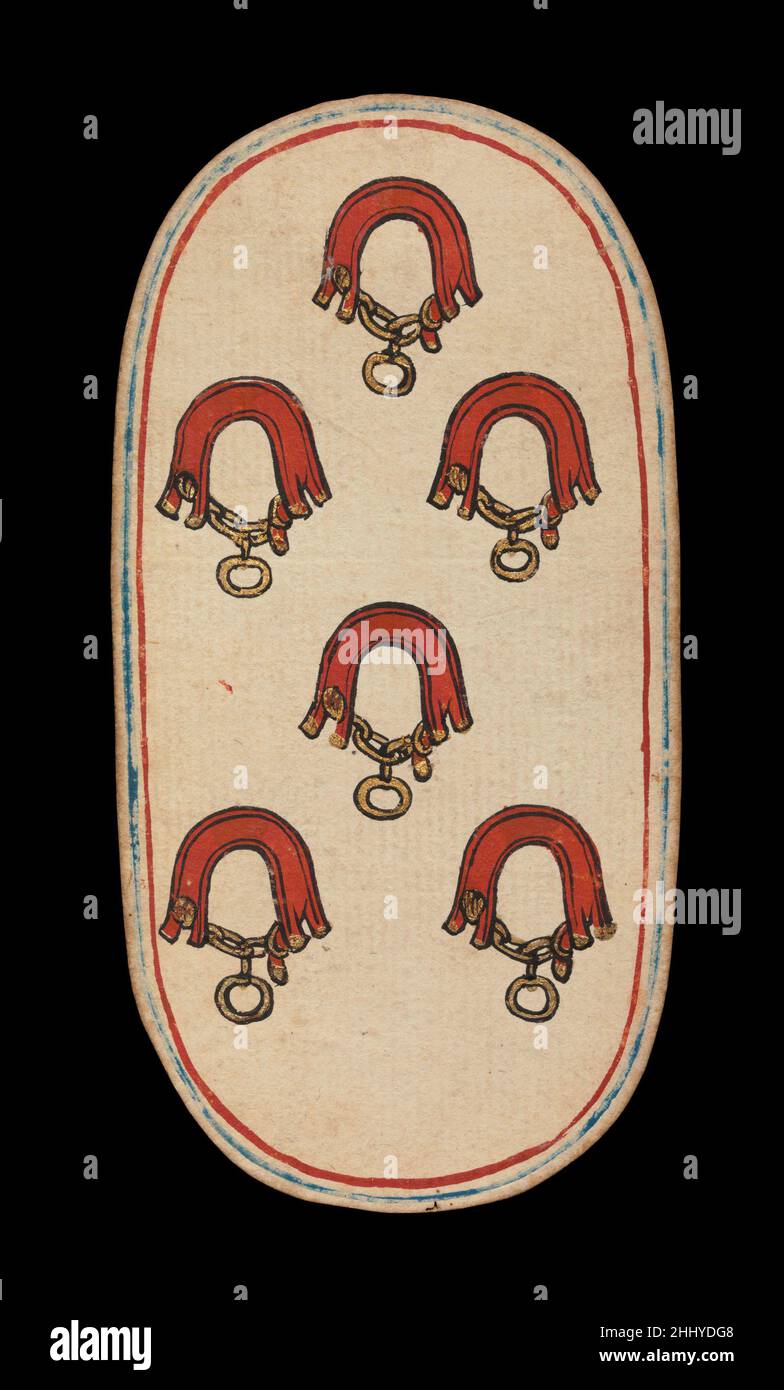 6 dei Collars, dalle carte da gioco dei Chiostri ca. 1475–80 South Netherlandish il set Cloisters di cinquantadue carte costituisce l'unico mazzo completo conosciuto di carte da gioco ordinarie illuminate (al contrario delle carte tarocchi) del XV secolo. Ci sono quattro tute, ciascuna composta da un re, una regina, un cavaliere e dieci carte pip. I simboli del vestito, basati sull'attrezzatura associata alla caccia, sono corna da caccia, collari di cane, tether di cane e nooses di gioco. Il valore delle carte pip è indicato da opportune ripetizioni del simbolo del seme. Le cifre, che sembrano essere basate su Franco-Flemi Foto Stock