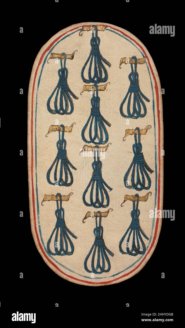 10 di Tethers, dalle carte da gioco dei Chiostri ca. 1475–80 South Netherlandish il set Cloisters di cinquantadue carte costituisce l'unico mazzo completo conosciuto di carte da gioco ordinarie illuminate (al contrario delle carte tarocchi) del XV secolo. Ci sono quattro tute, ciascuna composta da un re, una regina, un cavaliere e dieci carte pip. I simboli del vestito, basati sull'attrezzatura associata alla caccia, sono corna da caccia, collari di cane, tether di cane e nooses di gioco. Il valore delle carte pip è indicato da opportune ripetizioni del simbolo del seme. Le cifre, che sembrano essere basate su Franco-Flem Foto Stock