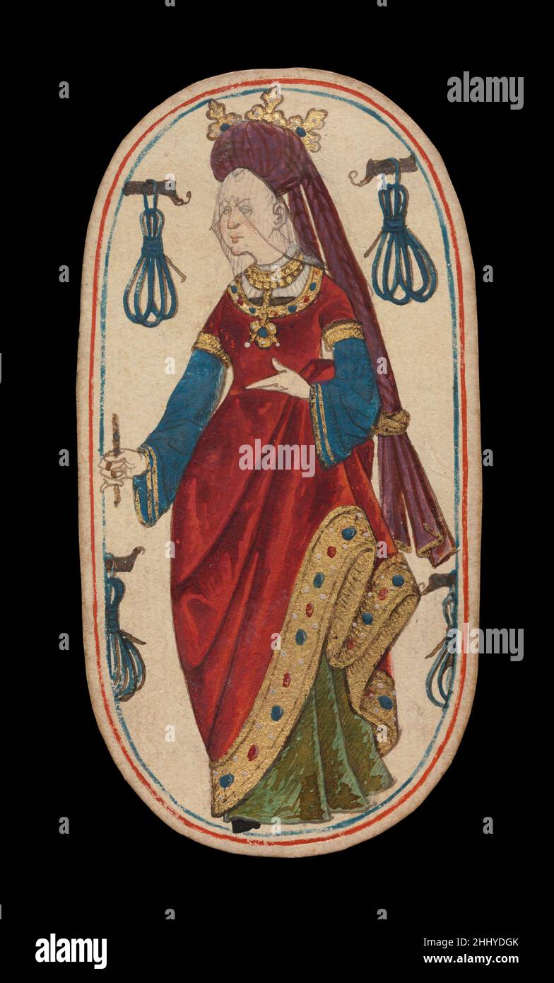 Regina delle Tethers, dalle carte da gioco Cloisters ca. 1475–80 South Netherlandish il set Cloisters di cinquantadue carte costituisce l'unico mazzo completo conosciuto di carte da gioco ordinarie illuminate (al contrario delle carte tarocchi) del XV secolo. Ci sono quattro tute, ciascuna composta da un re, una regina, un cavaliere e dieci carte pip. I simboli del vestito, basati sull'attrezzatura associata alla caccia, sono corna da caccia, collari di cane, tether di cane e nooses di gioco. Il valore delle carte pip è indicato da opportune ripetizioni del simbolo del seme. Le cifre, che sembrano essere basate su Franco-F. Foto Stock