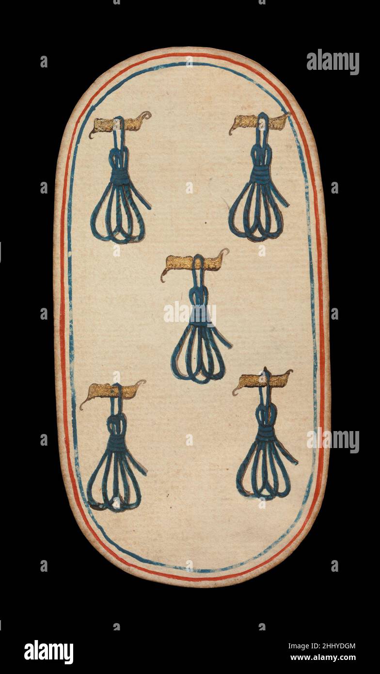 5 di Tethers, dalle carte da gioco dei Chiostri ca. 1475–80 South Netherlandish il set Cloisters di cinquantadue carte costituisce l'unico mazzo completo conosciuto di carte da gioco ordinarie illuminate (al contrario delle carte tarocchi) del XV secolo. Ci sono quattro tute, ciascuna composta da un re, una regina, un cavaliere e dieci carte pip. I simboli del vestito, basati sull'attrezzatura associata alla caccia, sono corna da caccia, collari di cane, tether di cane e nooses di gioco. Il valore delle carte pip è indicato da opportune ripetizioni del simbolo del seme. Le cifre, che sembrano essere basate su Franco-Flemi Foto Stock