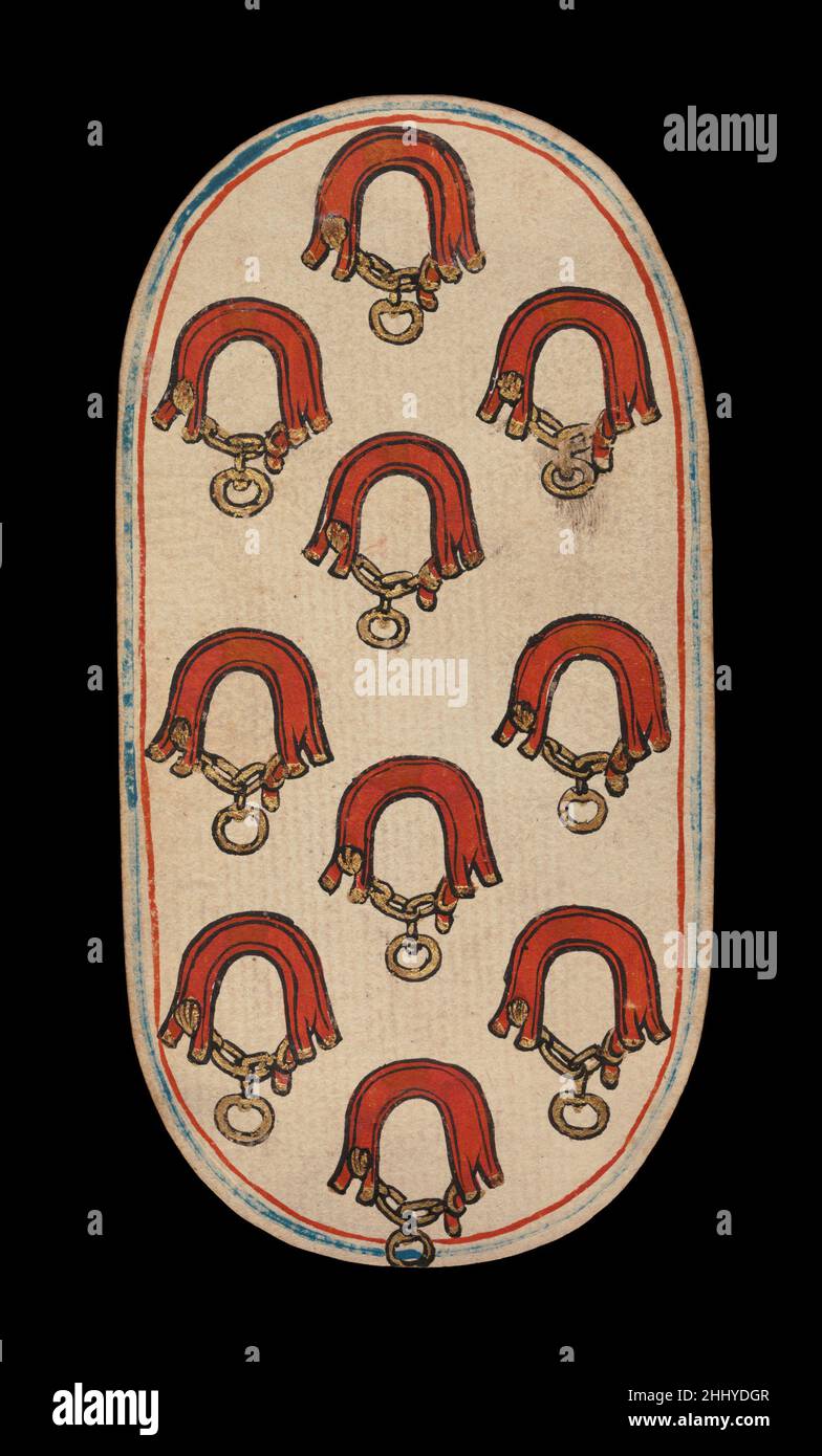 10 dei Collars, dalle carte da gioco dei Chiostri ca. 1475–80 South Netherlandish il set Cloisters di cinquantadue carte costituisce l'unico mazzo completo conosciuto di carte da gioco ordinarie illuminate (al contrario delle carte tarocchi) del XV secolo. Ci sono quattro tute, ciascuna composta da un re, una regina, un cavaliere e dieci carte pip. I simboli del vestito, basati sull'attrezzatura associata alla caccia, sono corna da caccia, collari di cane, tether di cane e nooses di gioco. Il valore delle carte pip è indicato da opportune ripetizioni del simbolo del seme. Le cifre, che sembrano essere basate su Franco-Flem Foto Stock
