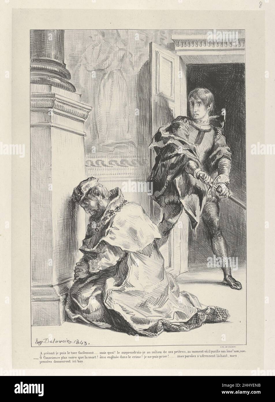 Frazione tenta di uccidere il Re 1834–43 Eugène Delacroix Francese nel 1834 Delacroix iniziò una serie di litografie dedicate a Hamlet, creando immagini modiche che rispecchiano la tormentata psiche del principe. Scegliendo scene chiave e passaggi poetici, le immagini altamente personali e drammatiche dell'artista erano insolite in Francia, dove l'interesse per Shakespeare si sviluppò solo nel diciannovesimo secolo. Qui, nell'atto 3, scena 3, il principe si tira indietro dal vendicarsi su suo zio. Egli ha ragione che, poiché il suo potenziale obiettivo è la preghiera, ucciderlo manderebbe la sua anima direttamente in cielo, mentre il suo proprio m Foto Stock