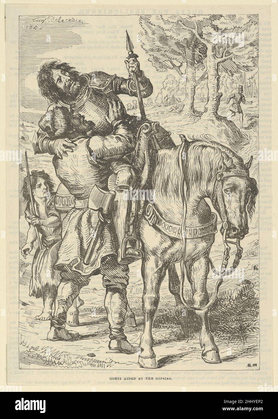Goetz Aided by the Zingari dopo il 1845 dopo Eugène Delacroix French questa è una delle quattro incisioni in legno pubblicate dal popolare settimanale illustrato 'le Magasin Pittoresque' dopo i disegni di Delacroix basati sul dramma di Goethe 'Goetz von Berlichingen'. Goetz Aided by the Zingari 337386 Foto Stock