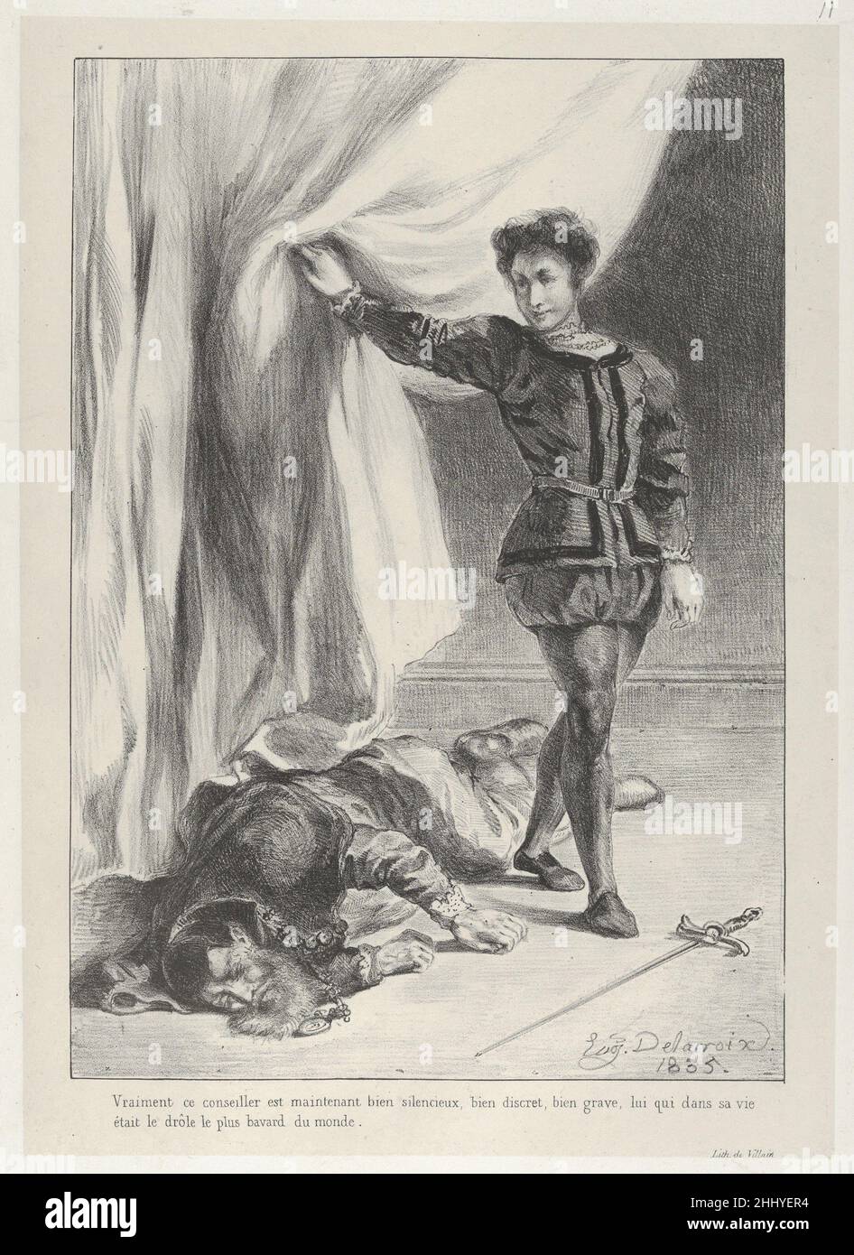 Frazione e il cadavere di Polonio 1835 Eugène Delacroix Francese nel 1834 Delacroix iniziò una serie di litografie dedicate a Hamlet, creando immagini di moody che rispecchiano la tormentata psiche del principe. Scegliendo scene chiave e passaggi poetici, le immagini altamente personali e drammatiche dell'artista erano insolite in Francia, dove l'interesse per Shakespeare si sviluppò solo nel diciannovesimo secolo. Qui, nell'atto 3, scena 4, il principe scopre di aver pugnalato Polonious piuttosto che la sua vittima voluta il re--il cortigiano che si è nascosto dietro un sipario per ascoltare l'incontro di Amleto con sua madre Foto Stock