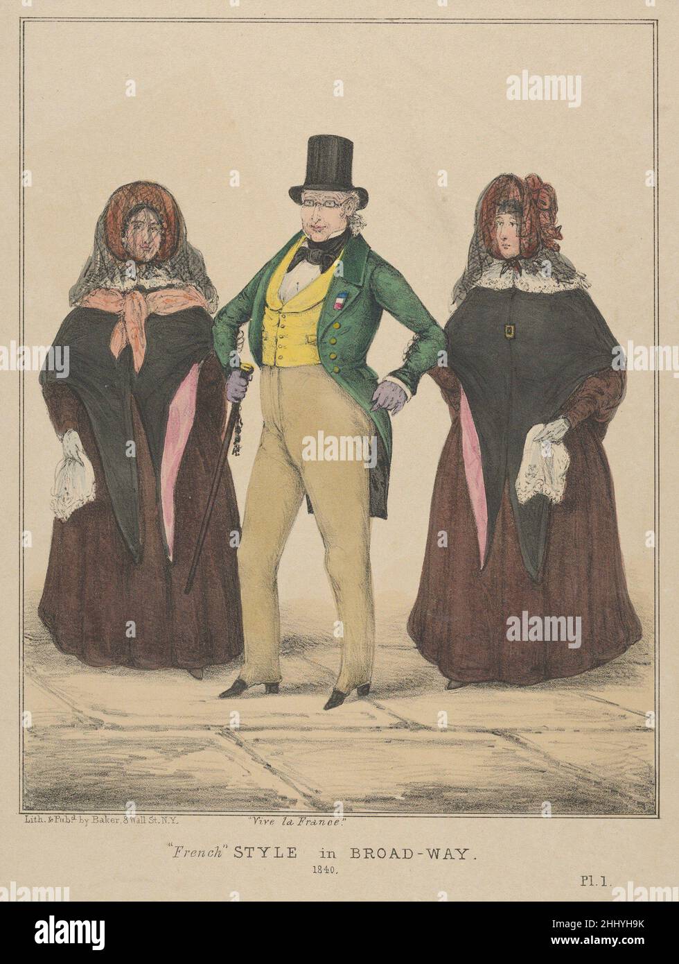 Vive la France, stile 'Francese' a Broadway 1840 Alfred E. Baker American  questa immagine di un dapper gentleman che indossa un cappello e un  cappotto di coda, con nastro sul suo lapel,