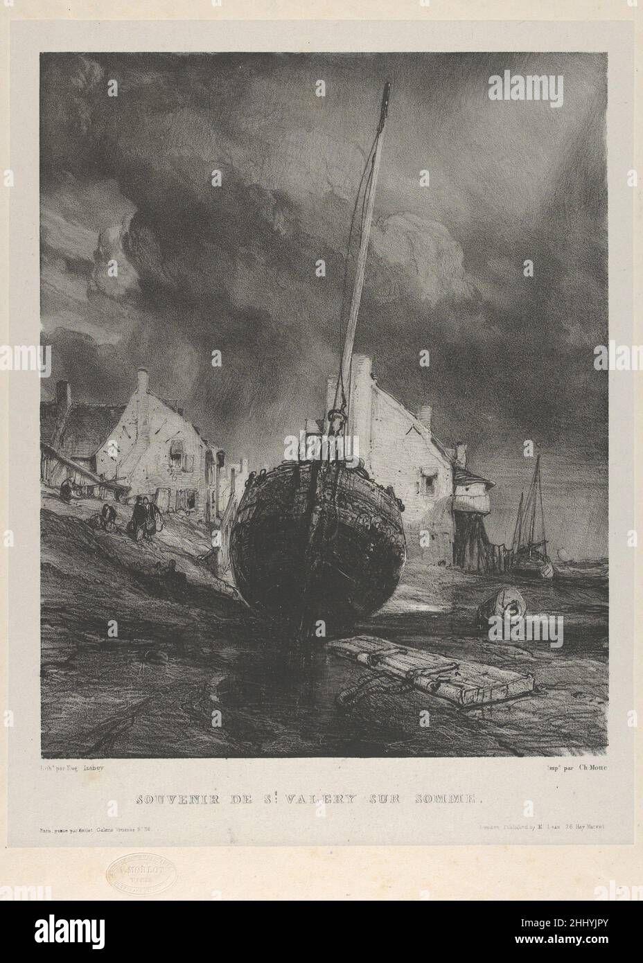 Memoria di Saint-Valéry-sur-Somme 1833 Eugène Isabey French questa stampa fa parte di una serie di litografie di Eugène Isabey stampato da Charles Motte e pubblicato da McLean in un libro intitolato 'sex Marines dessinés sur Pierre' (sei Marinescape disegnate su pietra) che ha caratterizzato gli studi di città di costa e di navigazione. Memoria di Saint-Valéry-sur-Somme 688155 Foto Stock