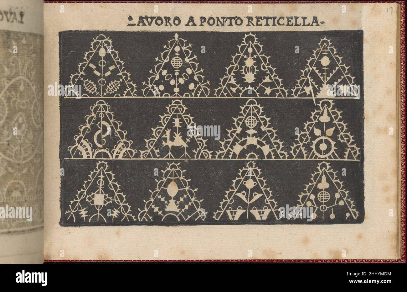 Pretiosa Gemma delle virtuose donne, pagina 19 (recto) 1600 Isabella Catanea Parasole italiano scritto da Isabella Catanea Parasole, italiano, ca. 1575-ca. 1625, edito da Lucchino Gargano, Venezia, vincolato da Hardy-Mennil.Design composto da 3 registri orizzontali. Tutti i 3 registri sono decorati con 4 motivi triangolari, ciascuno contenente un diverso motivo floreale centrale o lineare. Pretiosa Gemma delle virtuose donne, pag. 19 (recto) 661532 Foto Stock