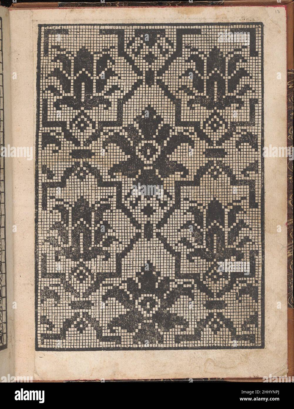 Spechio di pensieri delle belle et Virtudiose donne, pagina 11 (verso) 1546 Matteo pagano italiano pubblicato da Matteo pagano, italiano, 1515-1588, Venezia.dall'alto in basso e da sinistra a destra:Design composto da 6 registri orizzontali. Il primo registro è decorato con un modello interlacciato tra 2 forme di cuore. Il secondo registro è decorato con una linea ondulata con un fleur-de-lis in ogni punto. Il terzo registro è decorato con un ondulato con un fleur-de-lis in ogni punto sopra la linea e un motivo interlacciato in ogni punto sotto la linea. Quarto registro è decorato con una vite ondulata con foglie interrotte Foto Stock