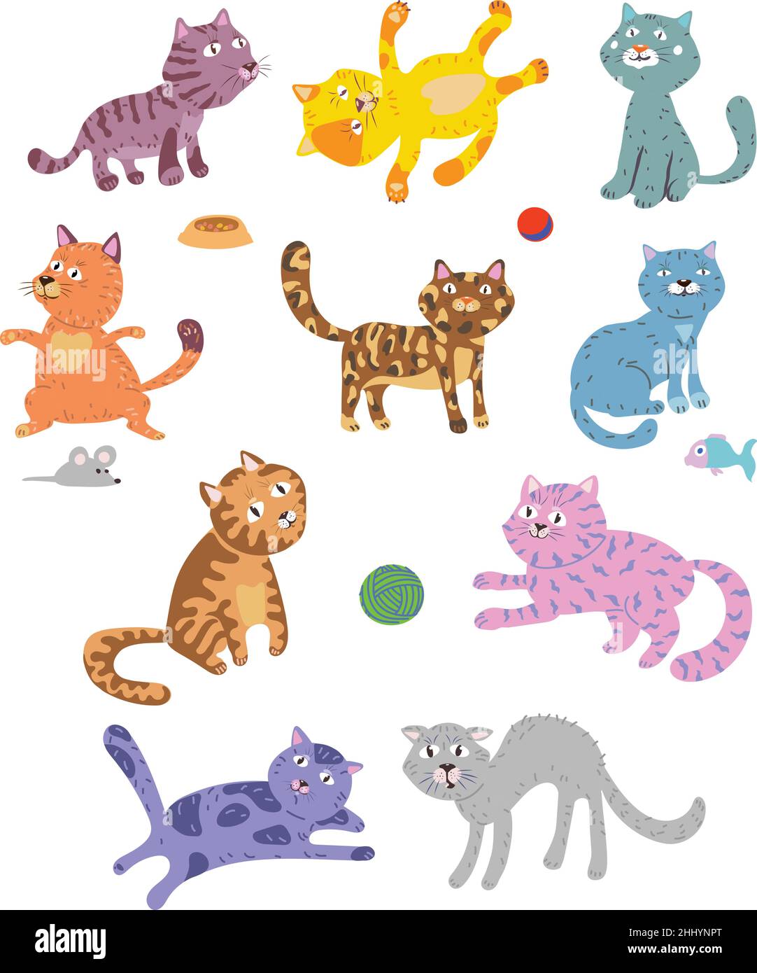 gatti divertenti, modello per bambini per decorazione e design, packaging e poster, gatto in varie pose e situazioni, disegno, vettore, immagini, cartoon Illustrazione Vettoriale