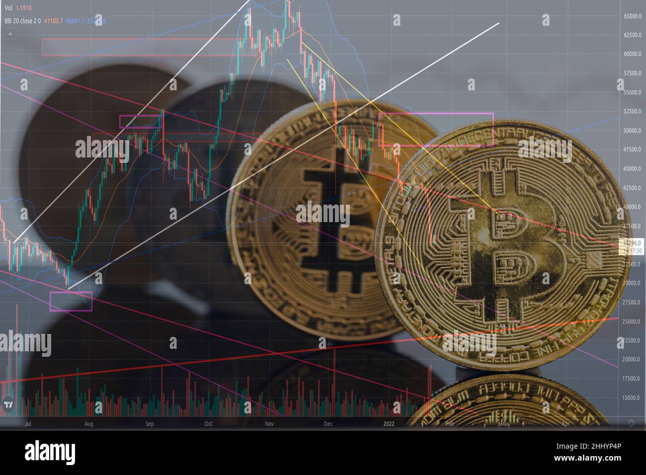 moneta da bit per la svalutazione. Primo piano bitcoin e la barra del grafico digitale del mercato azionario su nero. Criptovaluta. Crescita dello stock di Bitcoin. Investire in risorse virtuali. Foto Stock