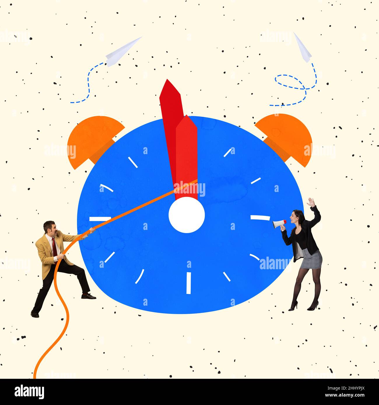 Design moderno e creativo. Collage d'arte contemporanea di donna che gridano all'uomo che tira la mano dell'orologio Foto Stock