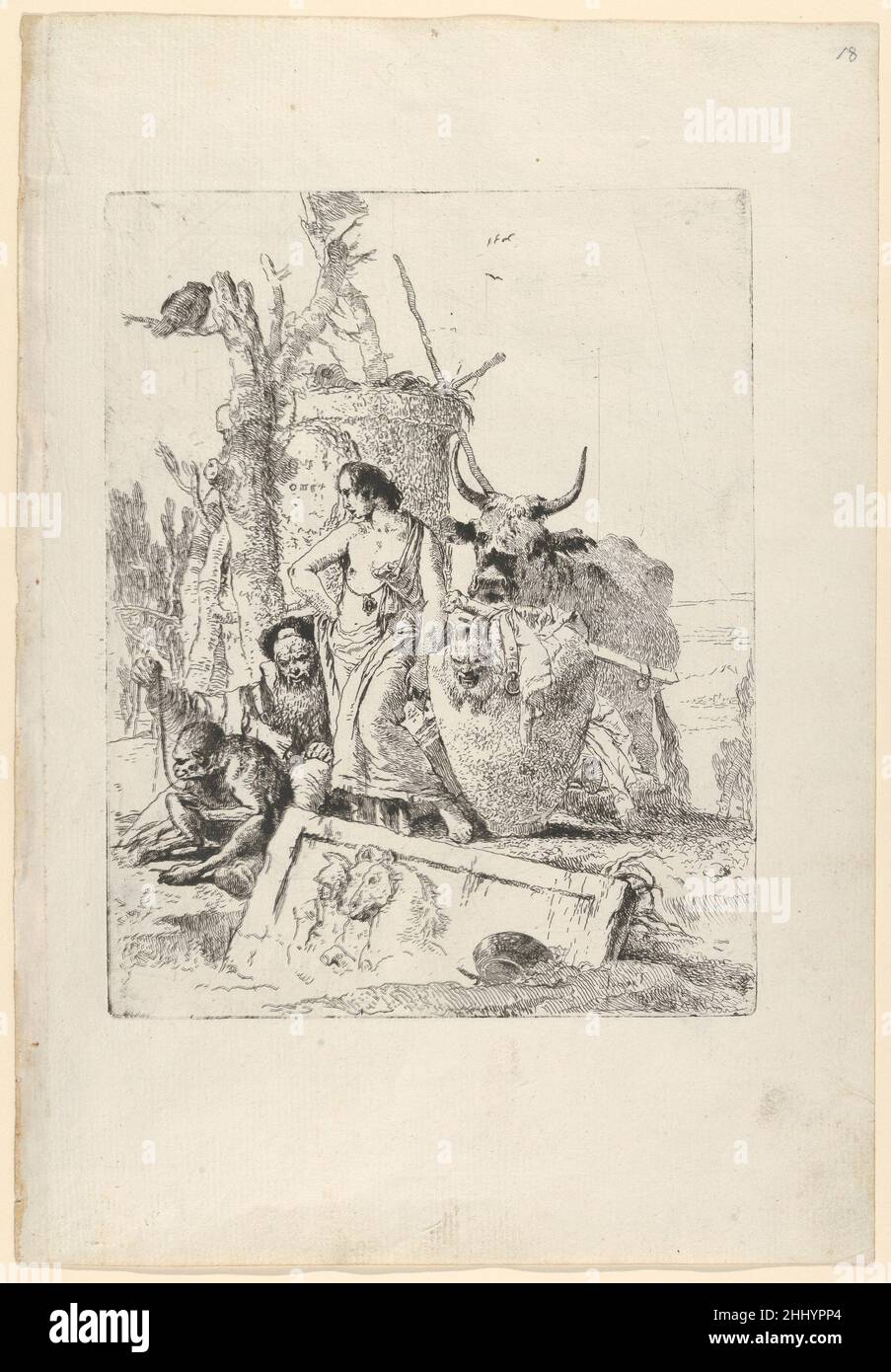 Giovane pastorella e vecchio con una scimmia, dalla Scherzi ca. 1743–50 Giovanni Battista Tiepolo italiano. Giovane pastorella e vecchio con scimmia, dagli Scherzi 381871 artista: Giovanni Battista Tiepolo, italiano, Venezia 1696?1770 Madrid, giovane pastorella e vecchio con scimmia, dagli Scherzi, ca. 1743?50, incisione, piastra: 8 15/16 x 7 poll. (22,7 x 17,8 cm) foglio: 13 1/2 x 9 1/4 pollici (34,3 x 23,5 cm). Il Metropolitan Museum of Art, New York. Acquisto da fondi vari, 1976 (1976,537(16)) Foto Stock