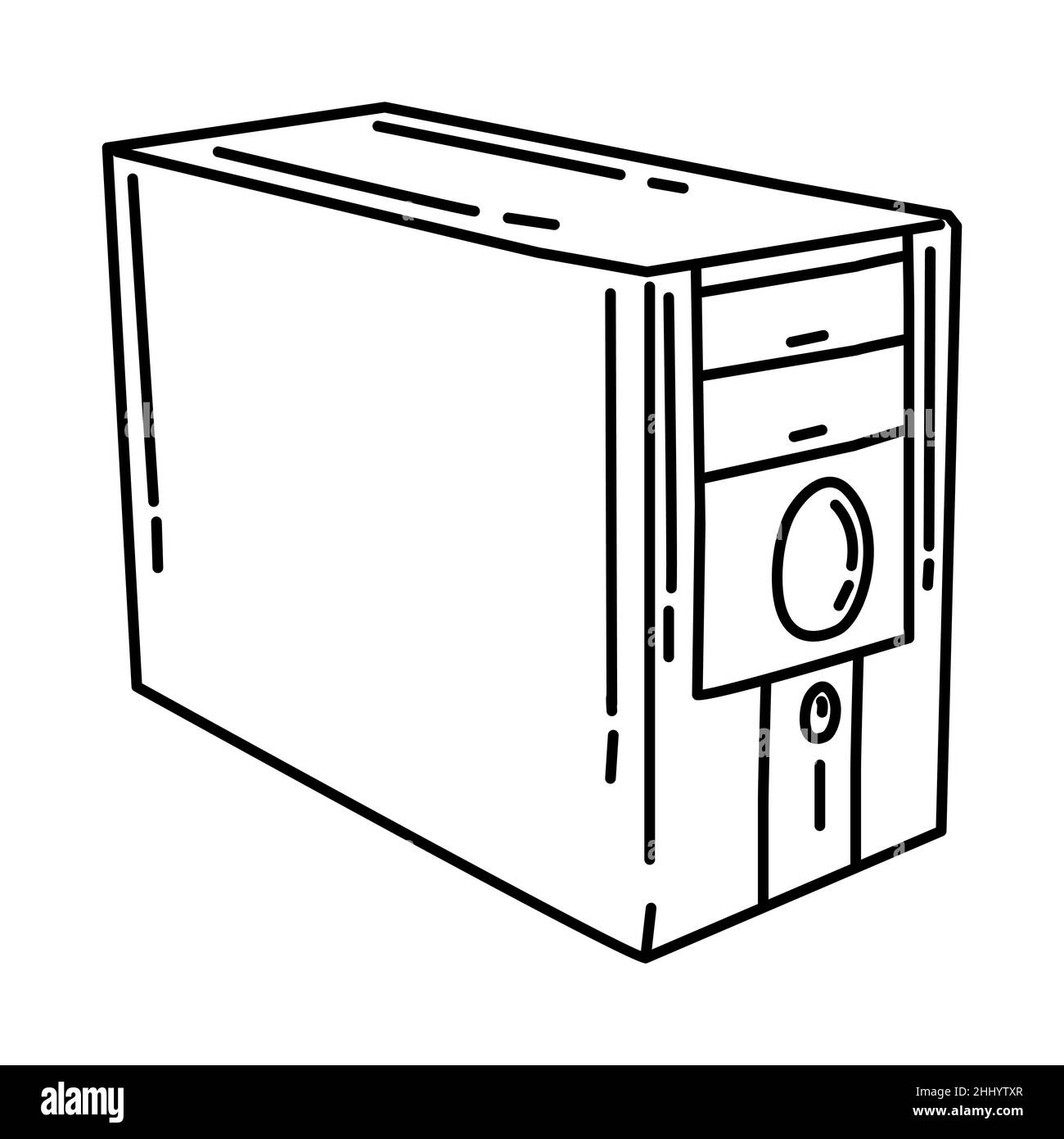 Tower computer Personal Unit parte di Electronic for Office Device disegno a mano icona Set Vector. Illustrazione Vettoriale