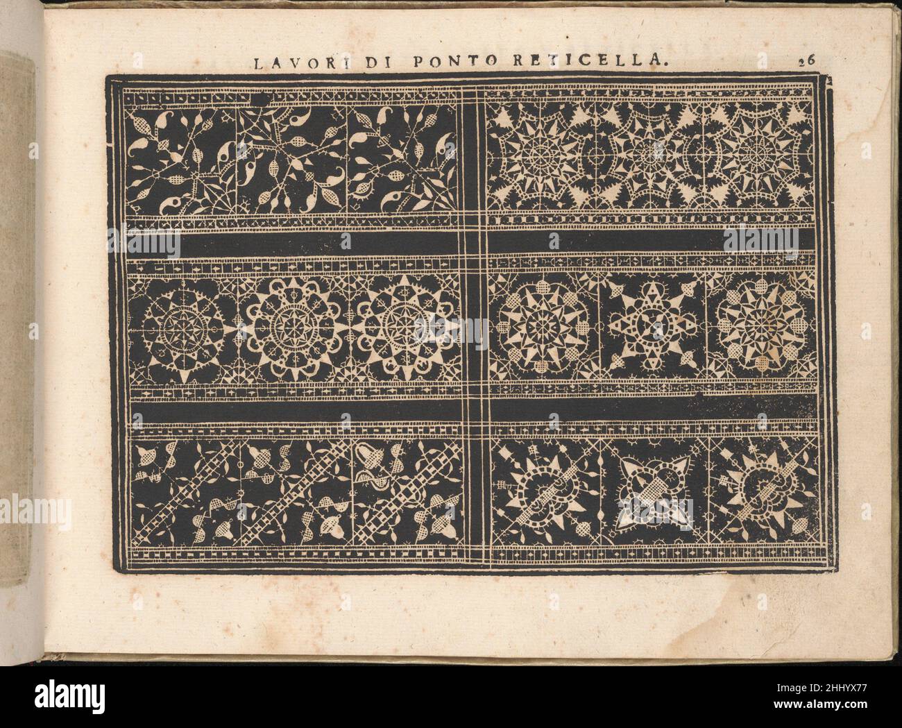 Fiore D'Ogni virtù per le Nobili et Honeste Matrone, pagina 26 (recto) 1610 Isabella Catanea Parasole Italian Designed by Isabella Catanea Parasole, Italian, ca. 1575-ca. 1625, pubblicato da Antonio Fachetti, Roma.dall'alto verso il basso, da sinistra a destra:Design composto da 3 registri orizzontali, ciascuno diviso a metà e decorato con un diverso motivo floreale o a foglia. Fiore D'Ogni virtù per le Nobili et Honeste Matrone, pagina 26 (recto) 661765 Foto Stock