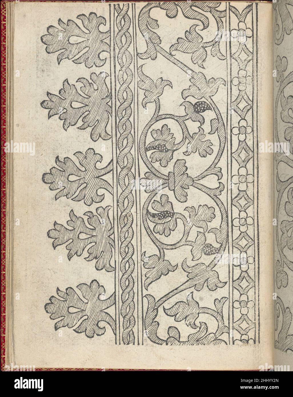Il Monte. Opera Nova di Recami, pag. 10 (verso) dopo il 1557 Giovanni Antonio Bindoni italiano progettato da Giovanni Antonio Bindoni, edito da Giovanni & Marchio Sessa, Venezia, legato da Chambolle-Duru, francese, 19th sec. dall'alto verso il basso, da sinistra a destra:Design composto da 4 colonne verticali. La prima colonna è decorata con un motivo floreale ripetuto 5 volte. La seconda colonna è decorata con 2 linee di torsione. La terza colonna è decorata con viti ricurvi con foglie e frutta nera con puntini bianchi. La quarta colonna è decorata con un modello alternato di diamanti e fiori a 4 petali. Il Foto Stock