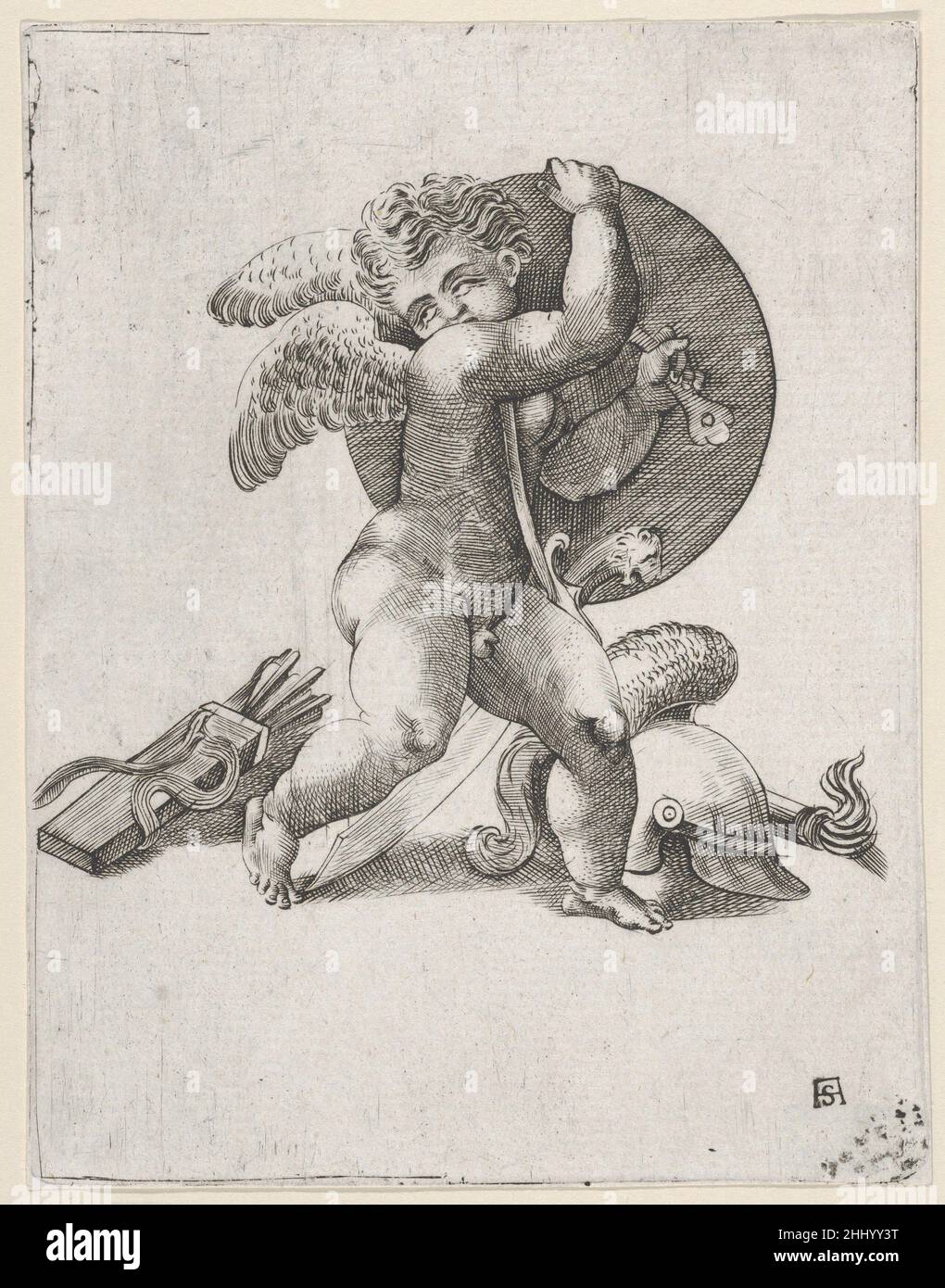 Cupido con armi di Marte ca. 1547–62 Adamo (Ghisi) Scultori Italian l'Unione tra Venere, dea dell'amore, e Marte, dio della guerra, era spesso intesa come emblematica del potere dell'amore di calmare lo spirito aggressivo. Nel 'De rerum natura' (sulla natura delle cose, 1,29–40) del 55 a.C., Lucrezio invocò Venere per sedurre Marte e portare la pace ai Romani. L'immagine di Scultori suggerisce che lo ha fatto. Mentre i suoi genitori sono occupati, Cupido porta via lo scudo pesante e la spada di Marte, assicurando la vittoria dell'amore sulla guerra. Cupido con armi di Marte 361888 Foto Stock