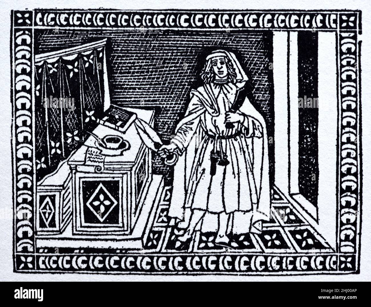 Wool Trader Taglia in Shop Firenze Italy. c15th Woodcut Stampa, incisione o Illustrazione. Foto Stock