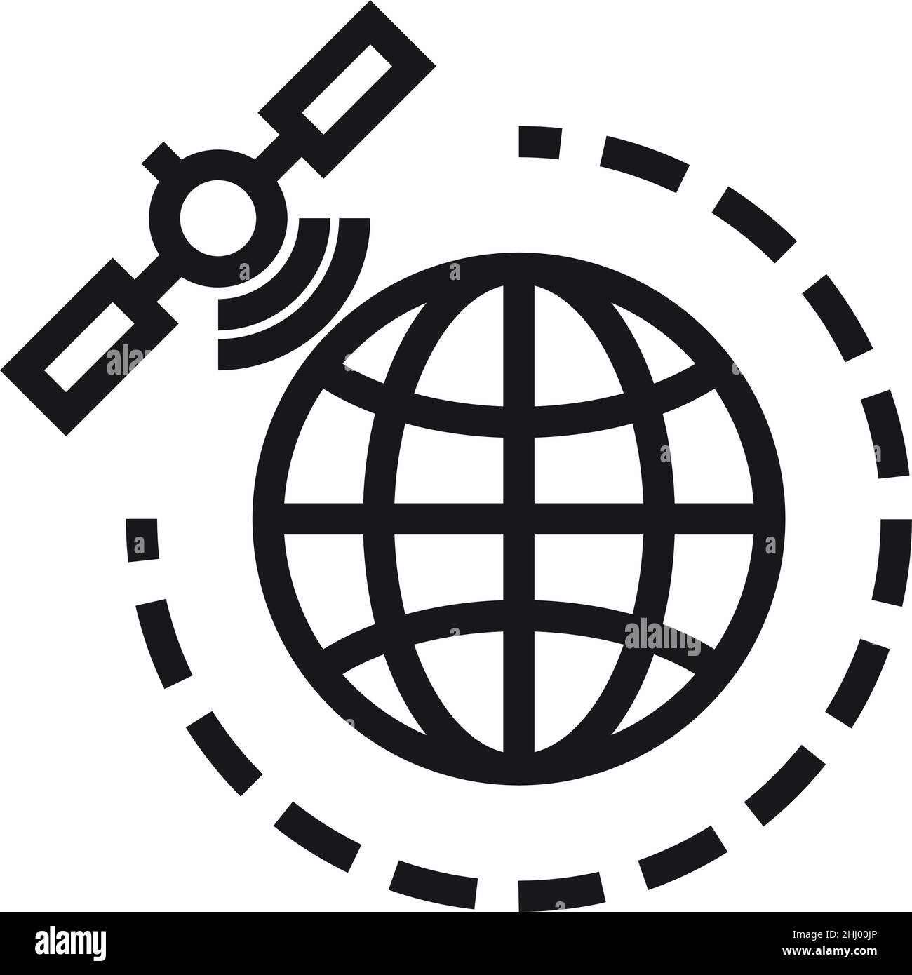 Icona del satellite orbitante. Veicolo spaziale che si muove in tutto il mondo Illustrazione Vettoriale