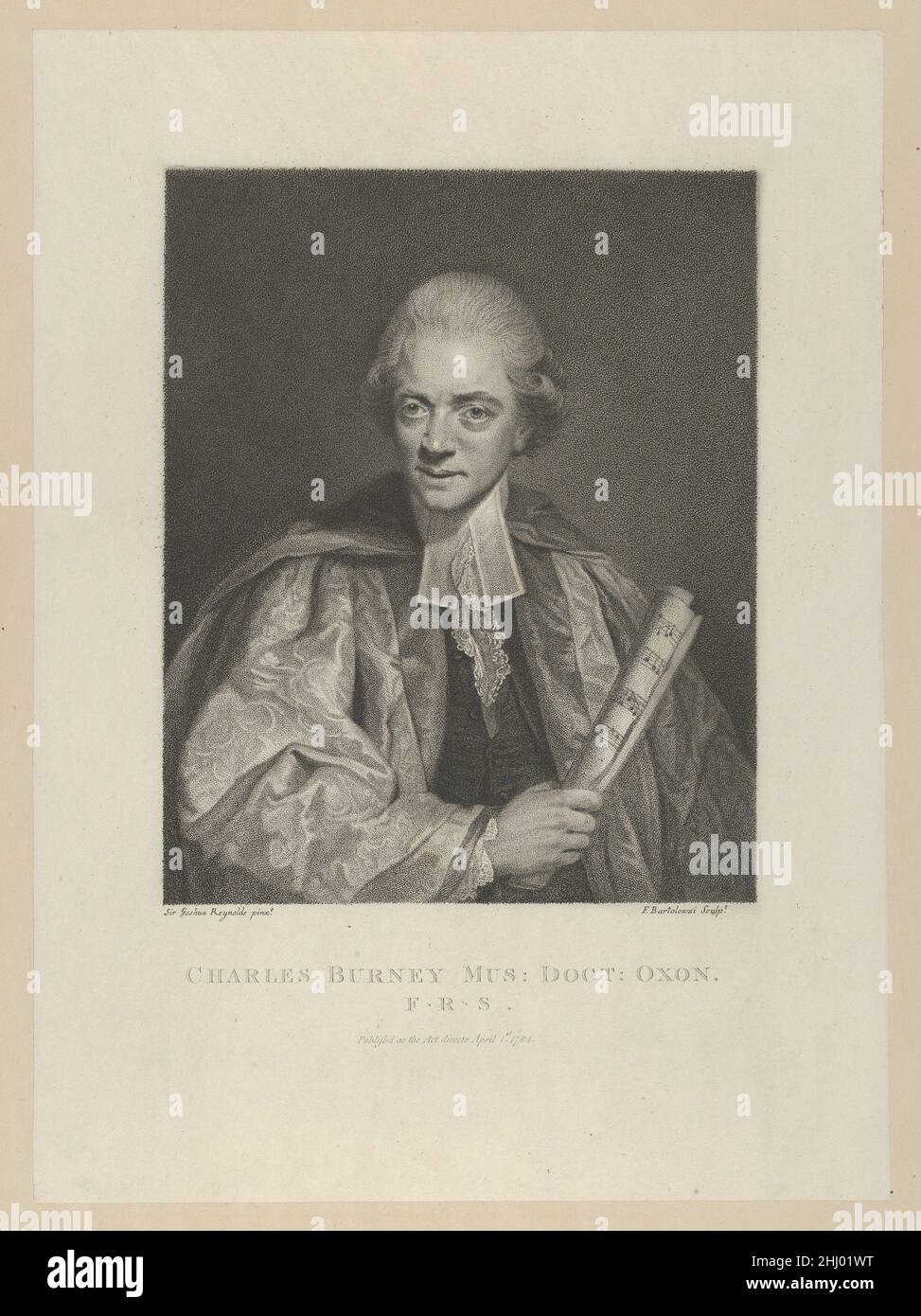 Charles Burney 1 aprile 1784 Francesco Bartolozzi Italian Bartolozzi qui riproduce un ritratto di grande interesse di Reynolds del Dr. Charles Burney, musicologo che ha scritto una 'Storia Generale della Musica' (1776-89). Era il padre del romanziere Fanny Burney. Mostrato a metà lunghezza, la sitter indossa il cappuccio di seta e abito di un Dottore di Musica all'Università di Oxford e il relativo dipinto è stato fatto per la Biblioteca di Henry Thrale a Stretham Park, più tardi venduto con i contenuti della casa, e ora è alla National Portrait Gallery, Londra. Charles Burney 377272 Foto Stock