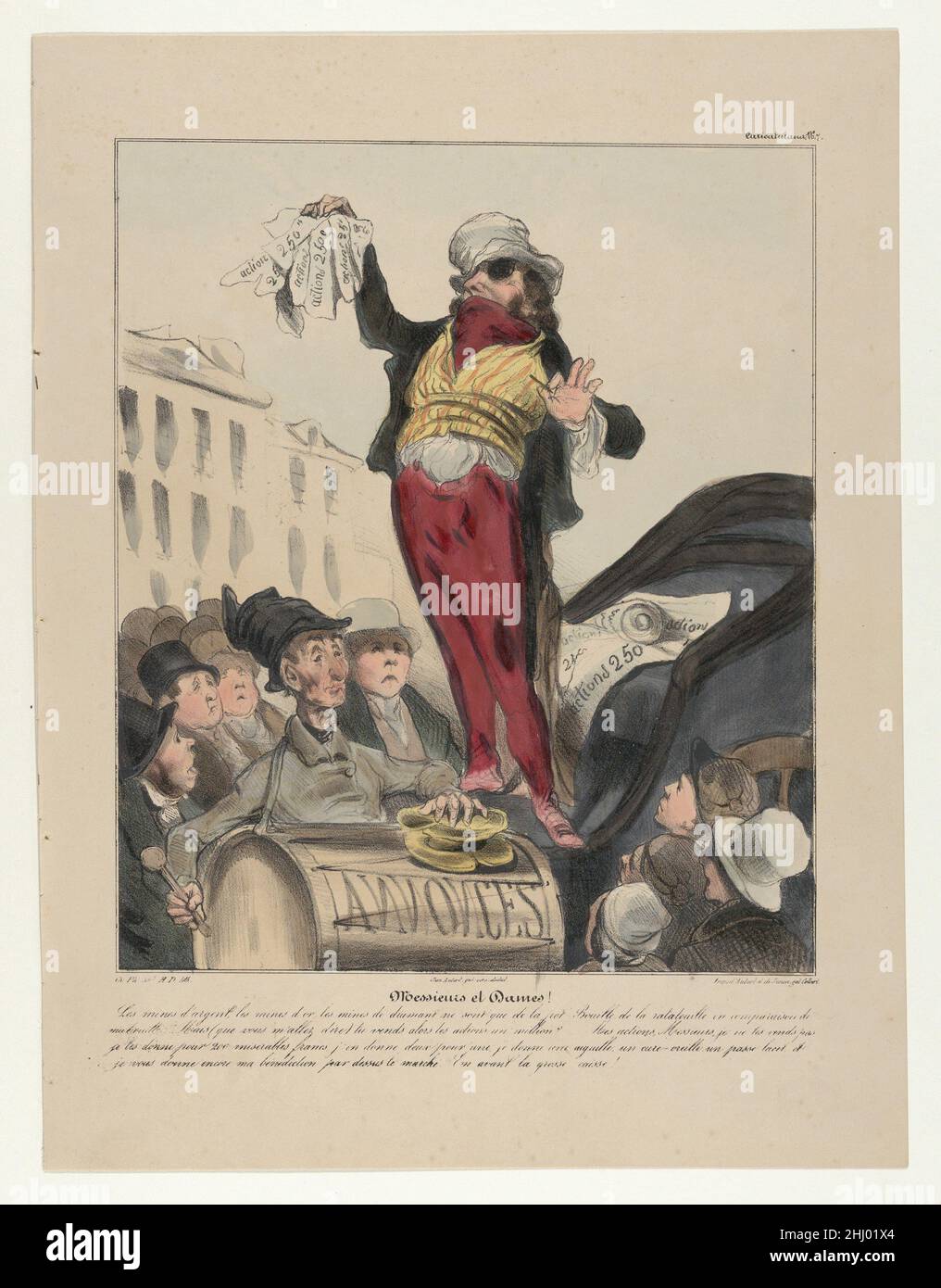 Targa 7: Onorevoli colleghi!, da 'Caricaturana', pubblicato in Les Robert Macaires 1838 Honoré Daumier le miniere d'argento, le miniere d'oro, le miniere di diamante sono solo gruel sottili e rotoli stalici rispetto al carbone... Ma anche così, (state andando dire), state vendendo le vostre parti per un milione?... Non sto vendendo le mie parti, signori, sto dando loro via per 200 franchi miserabili, sto dando due per ogni, sto dando via un ago, un orecchio-pick, un bodkin e che cosa è più, vi do la mia benedizione nell'affare. Fai uscire il grosso tamburo!. Targa 7: Onorevoli colleghi!, pubblicata da 'Caricaturana' Foto Stock