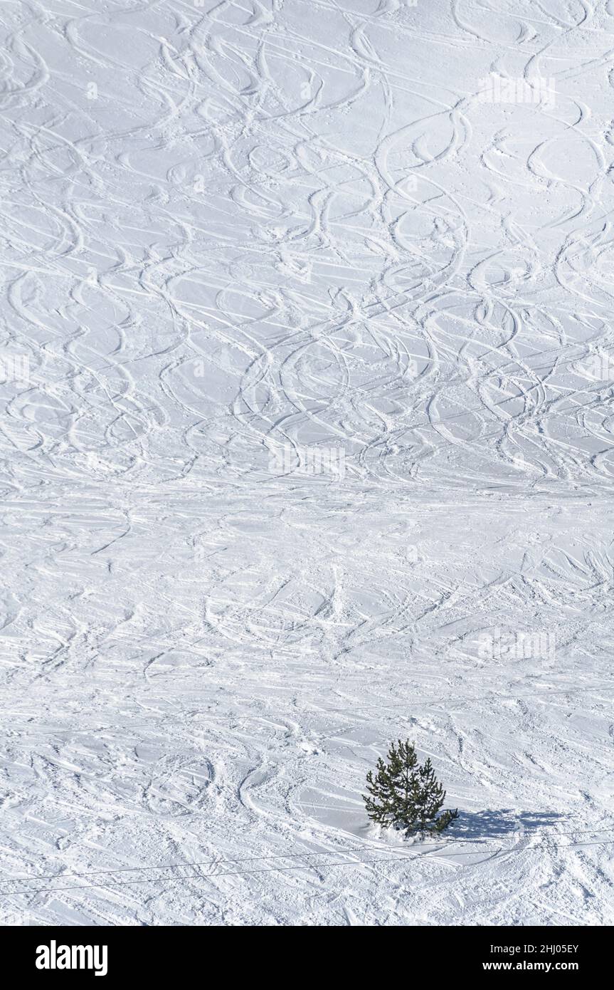 Piste da sci sulla neve in inverno a Baqueira-Beret, nel Passo del Port de la Bonaigua (Pallars Sobirà, Lleida, Catalogna, Spagna, Pirenei) Foto Stock