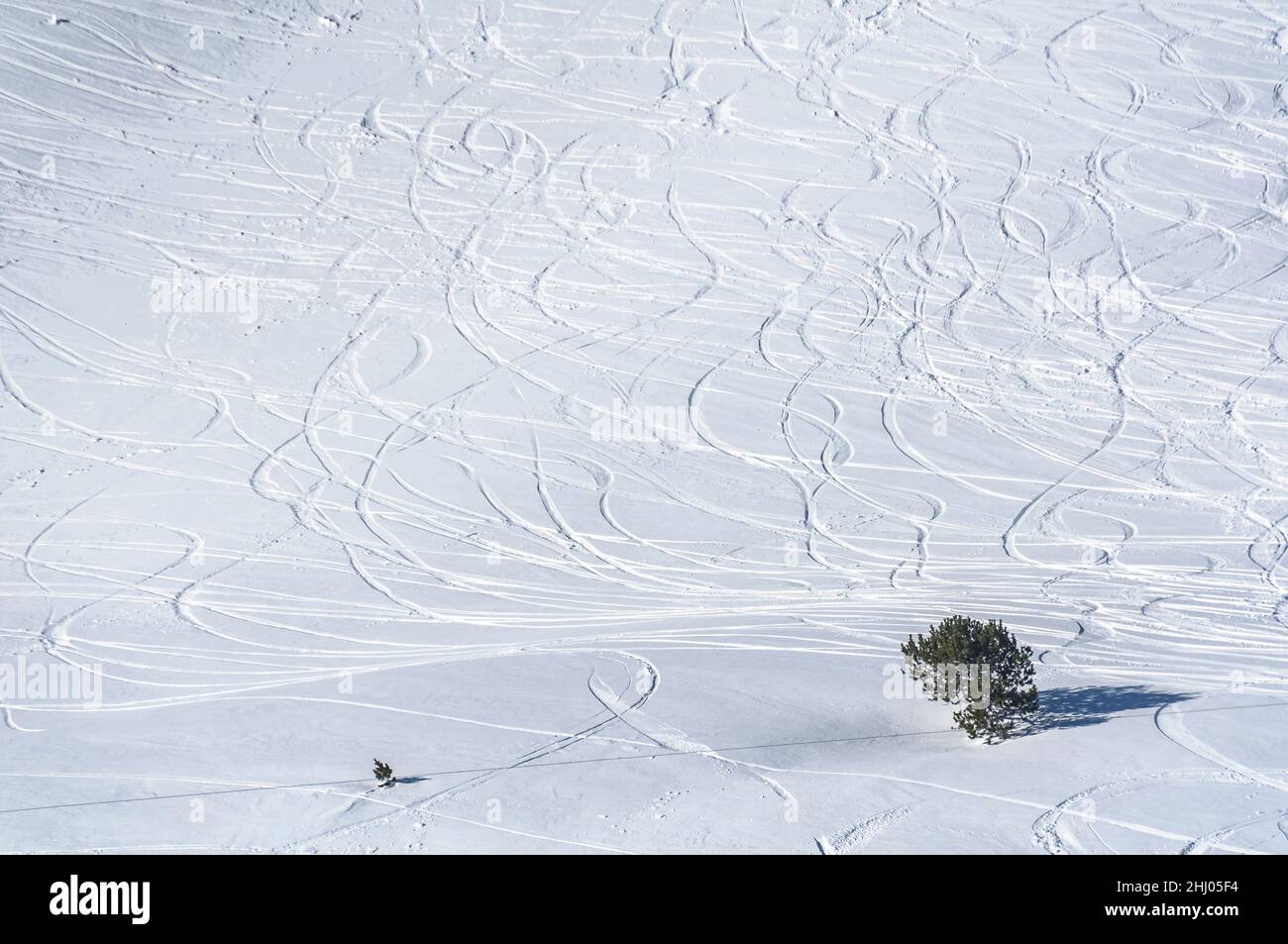 Piste da sci sulla neve in inverno a Baqueira-Beret, nel Passo del Port de la Bonaigua (Pallars Sobirà, Lleida, Catalogna, Spagna, Pirenei) Foto Stock