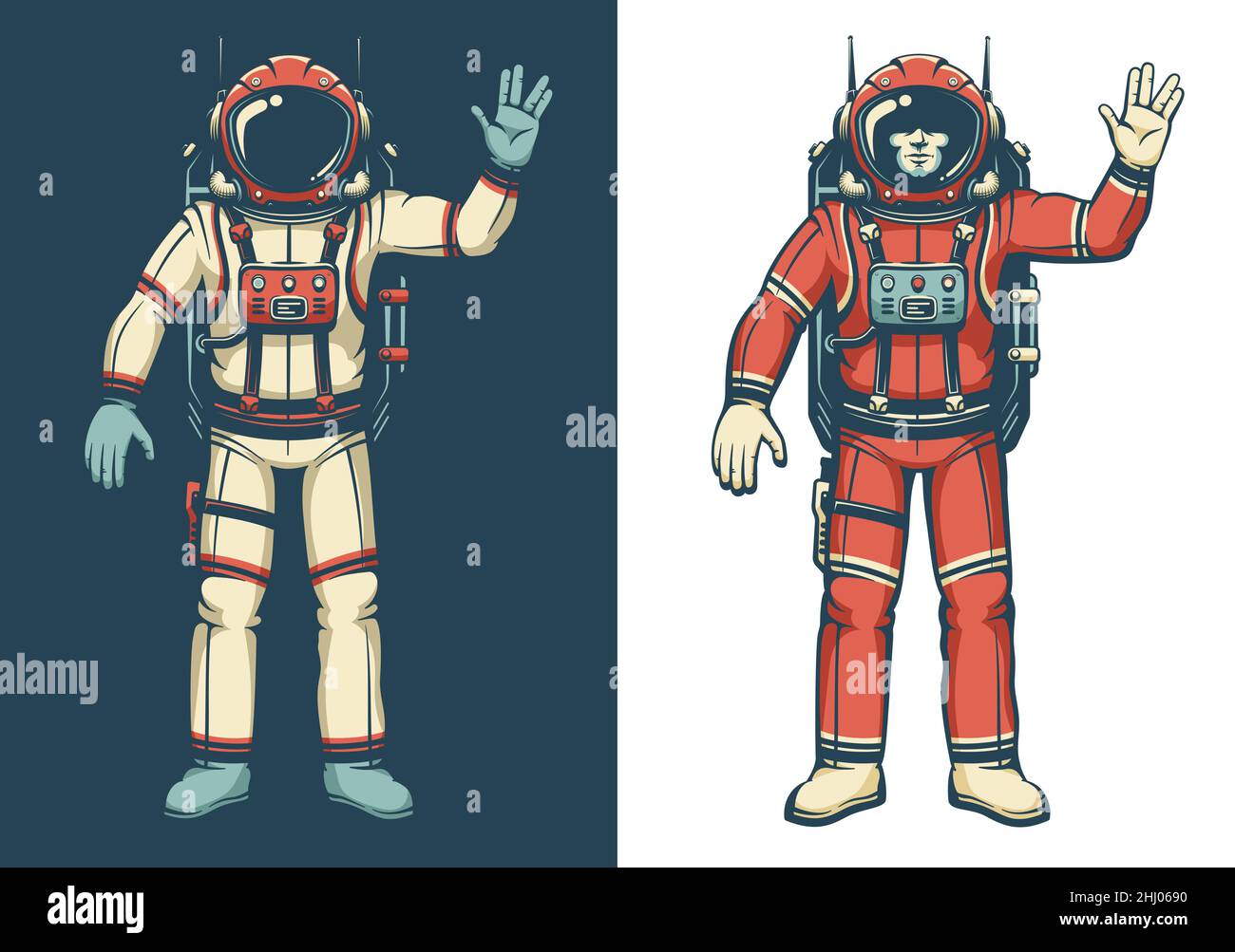 Astronauta in spacesuit ondeggia la sua mano Illustrazione Vettoriale