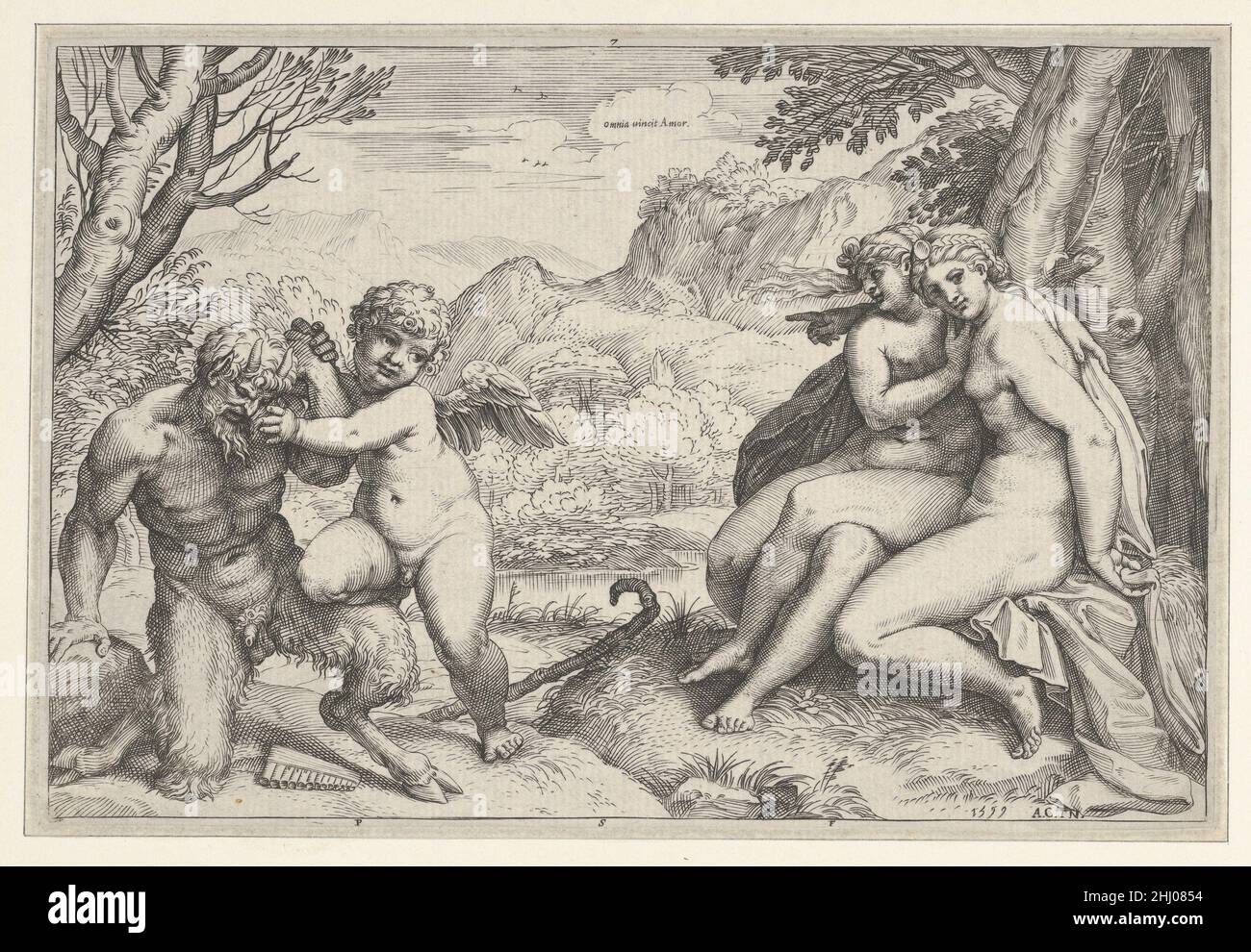 Omnia Vincit Amor 1599 Agostino Carracci Italian questa immagine è un pun derivato su una famosa linea nella decima Eclogue di Virgilio, "l'Amore conquista tutti". La parola latina omnia, come la parola greca PAN, significa 'all', mentre amor, il nome latino di Cupido, significa 'amore', in modo che il vittorioso combattimento di Cupido con il dio bosco è una traduzione visiva della frase. L'incisione è stata prodotta intorno al tempo in cui Agostino stava assistendo suo fratello Annibale nella decorazione della Galleria Farnese, un ciclo di affreschi che ha anche come tema la potenza dell'amore nell'universo. Come chiave di questo significato, Annibale h Foto Stock