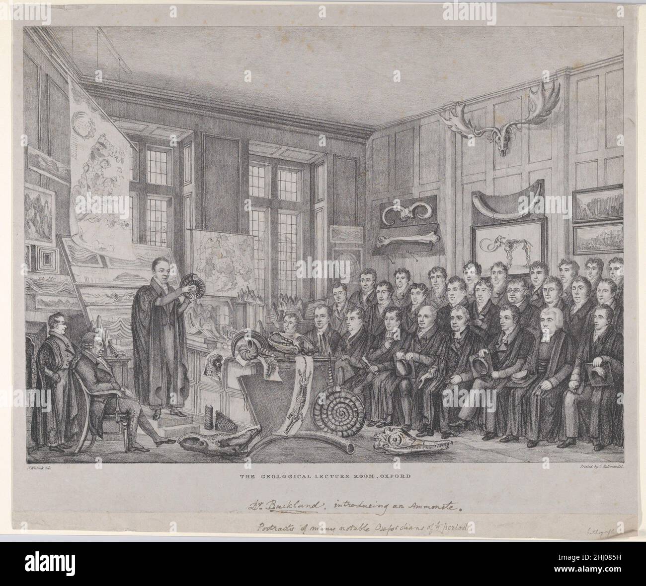 The Geological Lecture Room, Oxford: Dr. William Buckland conferenza il 15 febbraio 1823 1823–30 Nathaniel Whittock Dr. William Buckland, paleontologo e chierico, appare in questa stampa con una conferenza a Oxford il 15 febbraio 1823. L'interno era situato nel Museo Ashmoleon, con esemplari appesi alle pareti e la lezione illustrata con disegni e stampe appoggiate su rastrelliere e cavalletti. Nello stesso anno Buckland ha dimesso la sua fellowship universitaria per diventare canone della Chiesa di Cristo, ma ha continuato a dare il suo corso annuale di lezioni su geologia e minerologia. Per ospitare il gro Foto Stock