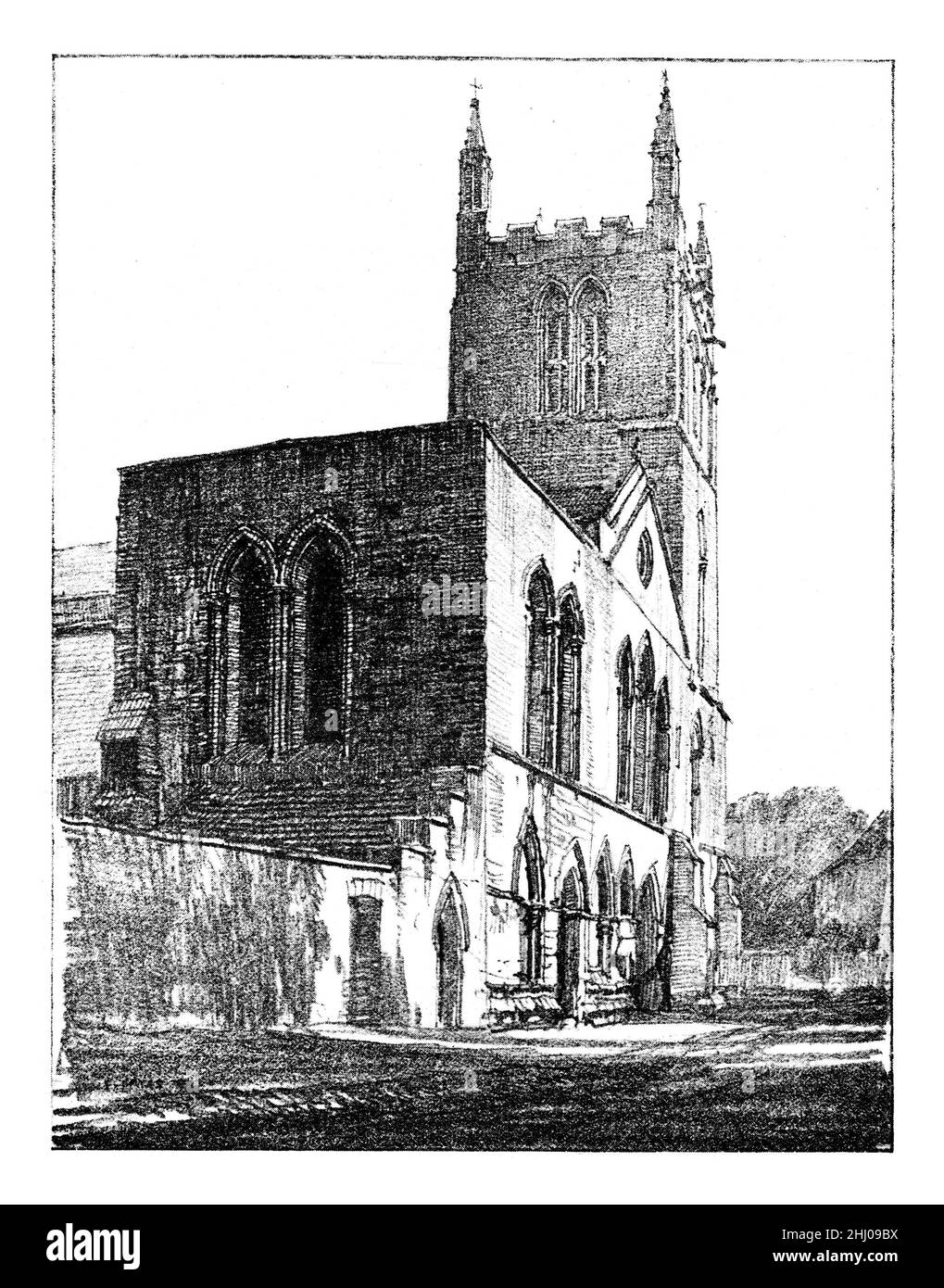 Illustrazione in bianco e nero; Bourne Abbey Church, Lincolnshire. Disegno a matita di Frederick Landseer Maur Griggs Foto Stock