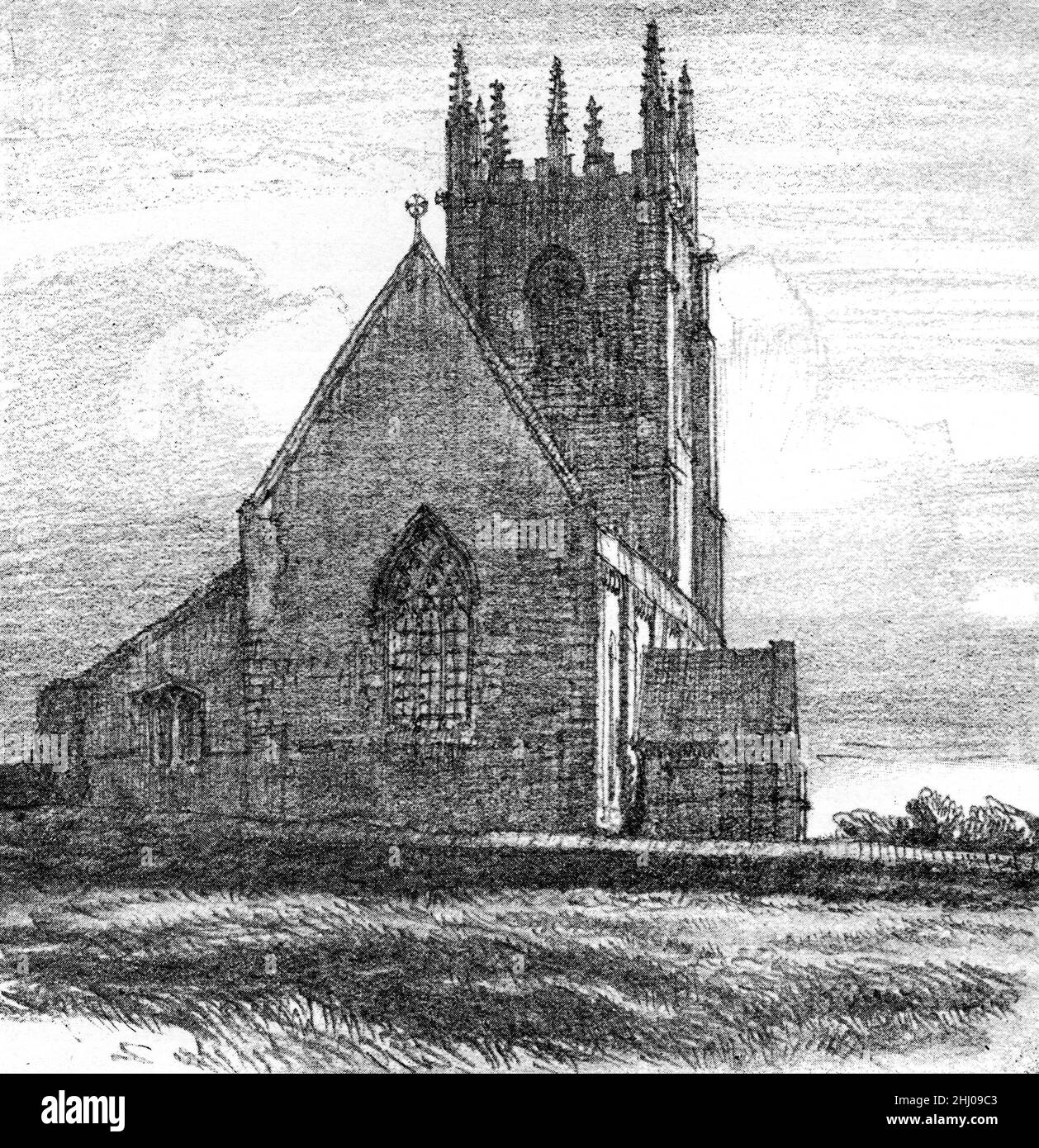 Illustrazione in bianco e nero; Sempringham Abbey Church, Lincolnshire; disegno a matita di Frederick Landseer Maur Griggs Foto Stock