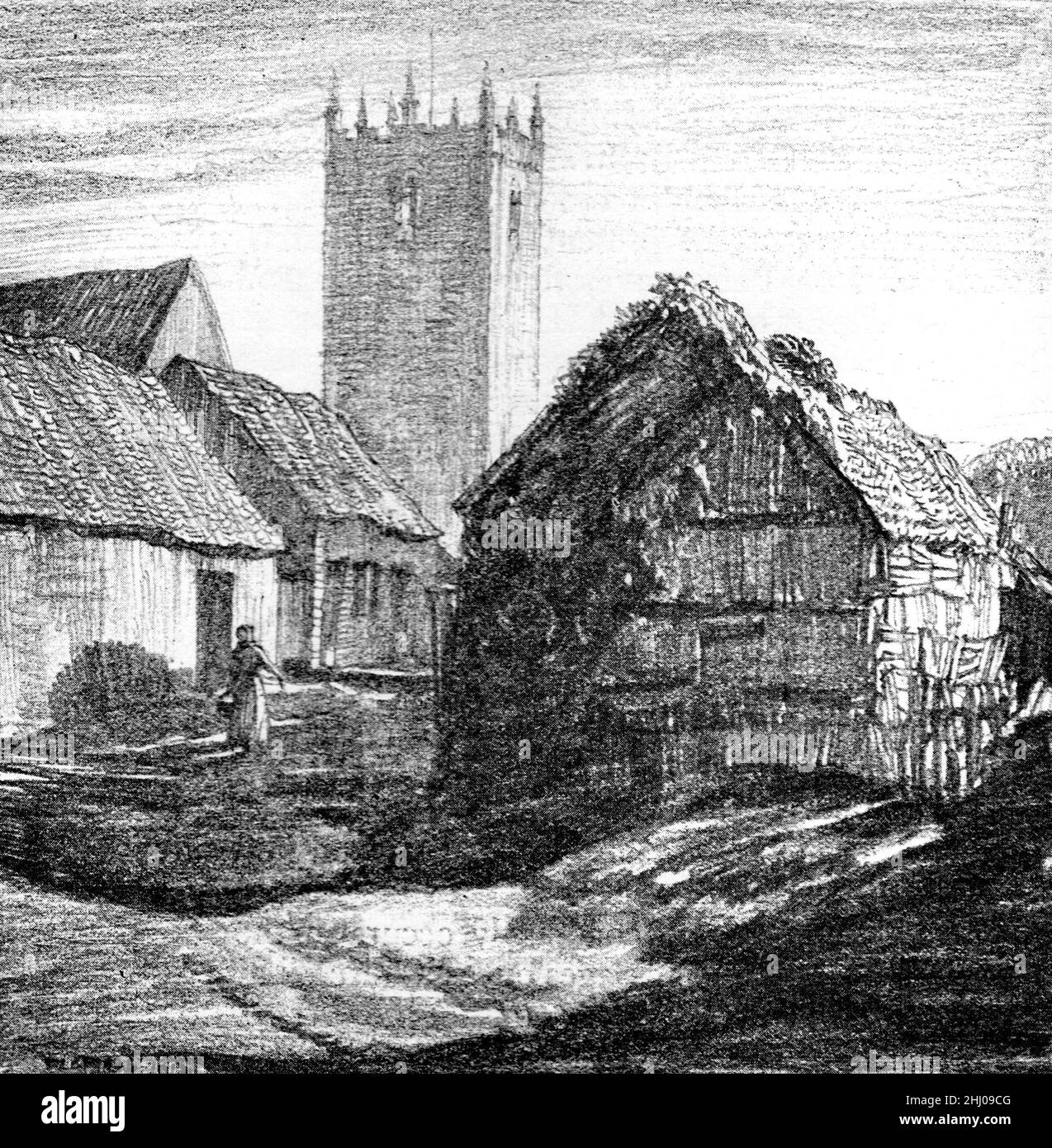 Illustrazione in bianco e nero; Great Hale, Lincolnshire. Disegno a matita di Frederick Landseer Maur Griggs Foto Stock