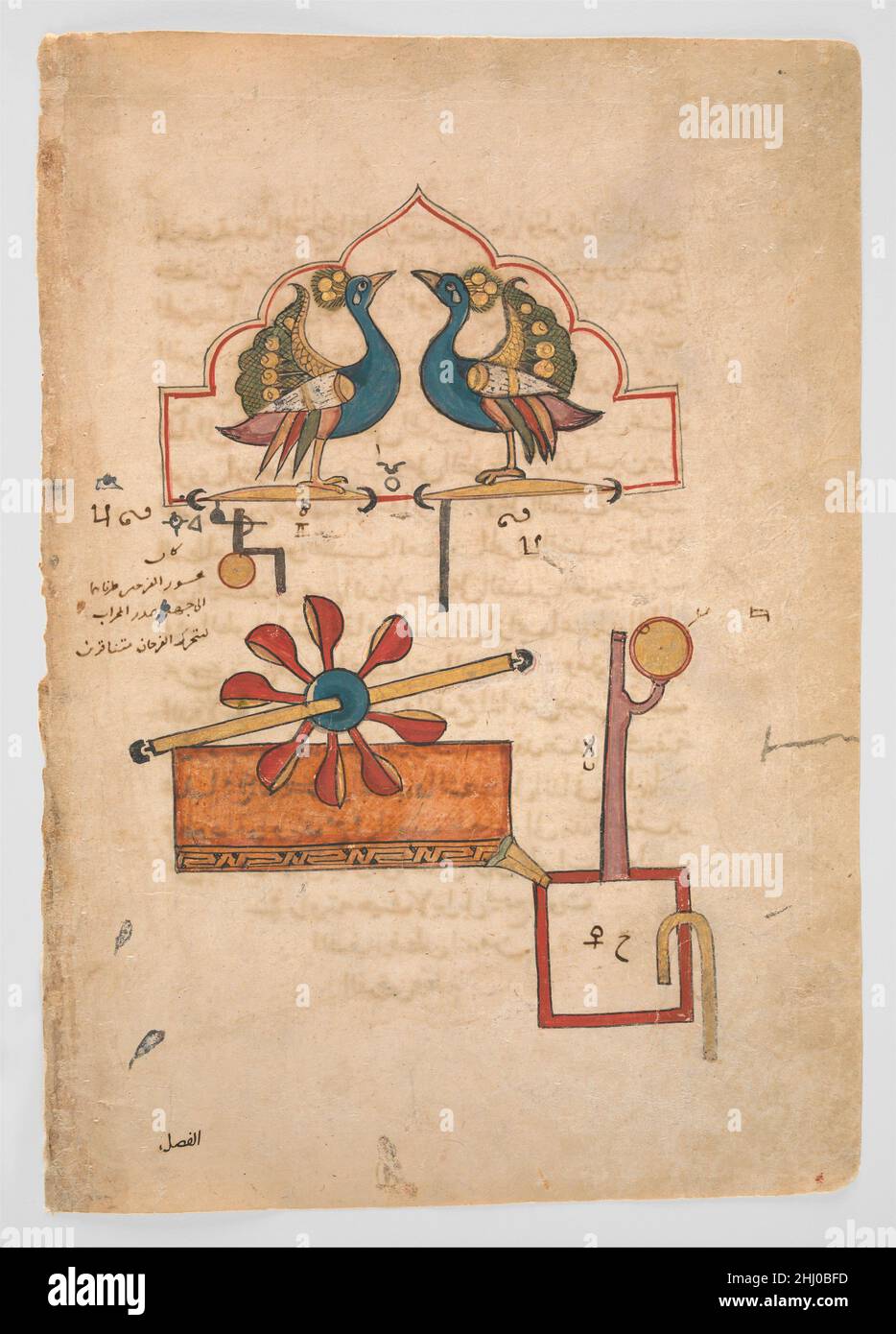 'Design for the Water Clock of the Peacocks', dal Kitab fi ma'rifat al-hiyal al-handasiyya (Libro della conoscenza dei dispositivi meccanici ingegnosi) di Badi' al-Zaman b. al Razzaz al-Jazari datato A.H. 715/A.D. 1315 Badi' al-Zaman ibn al-Razzaz al-Jazari al-Jazari, l'autore di questo trattato su una varietà di dispositivi meccanici pratici e fantasiosi, ha servito alla corte Artuqid di Diyar Bakr dalla fine dell'undicesimo all'inizio del dodicesimo secolo. Alcuni degli elementi dell'orologio a pavone, gestiti dall'acqua, sono mostrati in questa illustrazione. Nel dispositivo completato, l'arco contenente due pavoni Foto Stock