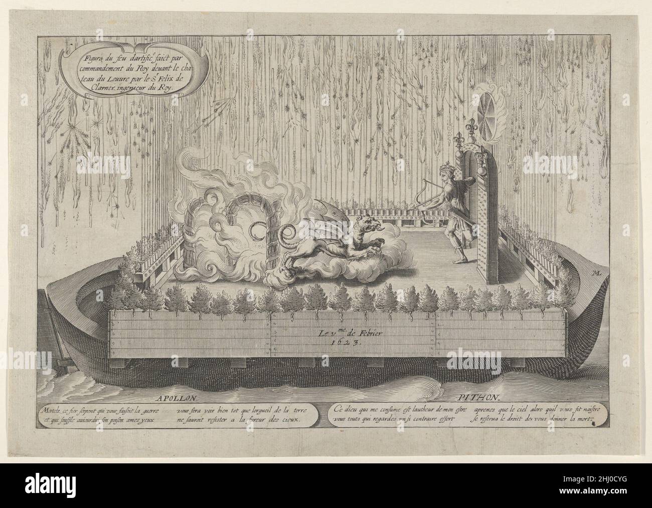 Galleggia con Apollo e il Python, dalla mostra dei fuochi d'artificio che celebra il ritorno di Luigi XIII da una campagna militare, Parigi, febbraio 1623 1623 forse da Michel Lasne Fireworks mostra è stato orchestrato da Felix Clarner, ingegnere al Re. La celebrazione si è svolta di fronte al Louvre nel febbraio 1623. Galleggia con Apollo e il Python, dalla mostra dei fuochi d'artificio che celebra il ritorno di Luigi XIII da una campagna militare, Parigi, febbraio 1623 700403 Foto Stock