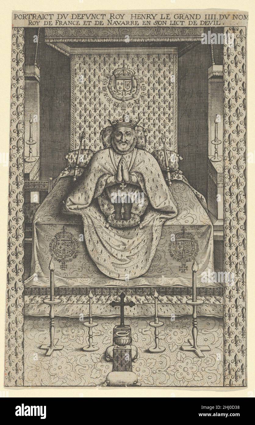 Funerale effige di Enrico IV Re di Francia. Artista: Anonimo, francese del  XVII secolo. Dimensioni: Foglio (rifilati): 8 5/16 x 5 3/8 in. (21,1 × 13,7  cm). Editore: Pierre Firens I (fiammingo,