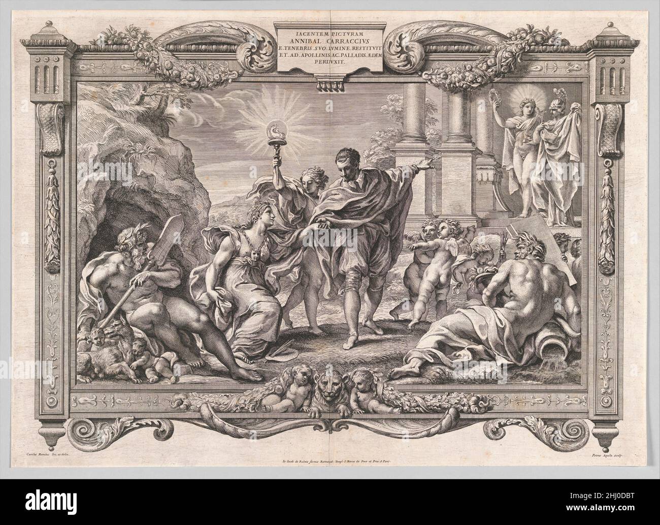 Annibale Carracci introduce la pittura ad Apollo e Minerva 1674 Pietro Aquila Italian questa stampa è apparsa come frontespizio ad un libro di incisioni raffiguranti gli affreschi dipinti da Annibale Carracci nella Galleria Farnese di Roma. Come la pubblicazione del libro stesso, questo frontespizio faceva parte di uno sforzo concertato per elevare il pittore, attivo alla fine del XVII secolo, allo stato mitico. Qui vediamo Annibale accompagnato dal Genius che porta la pittura fuori da una grotta scura (simbolo dell'oscurità e dell'oscurità in cui si dice che la pittura sia caduta alla fine del sedicesimo secolo Foto Stock