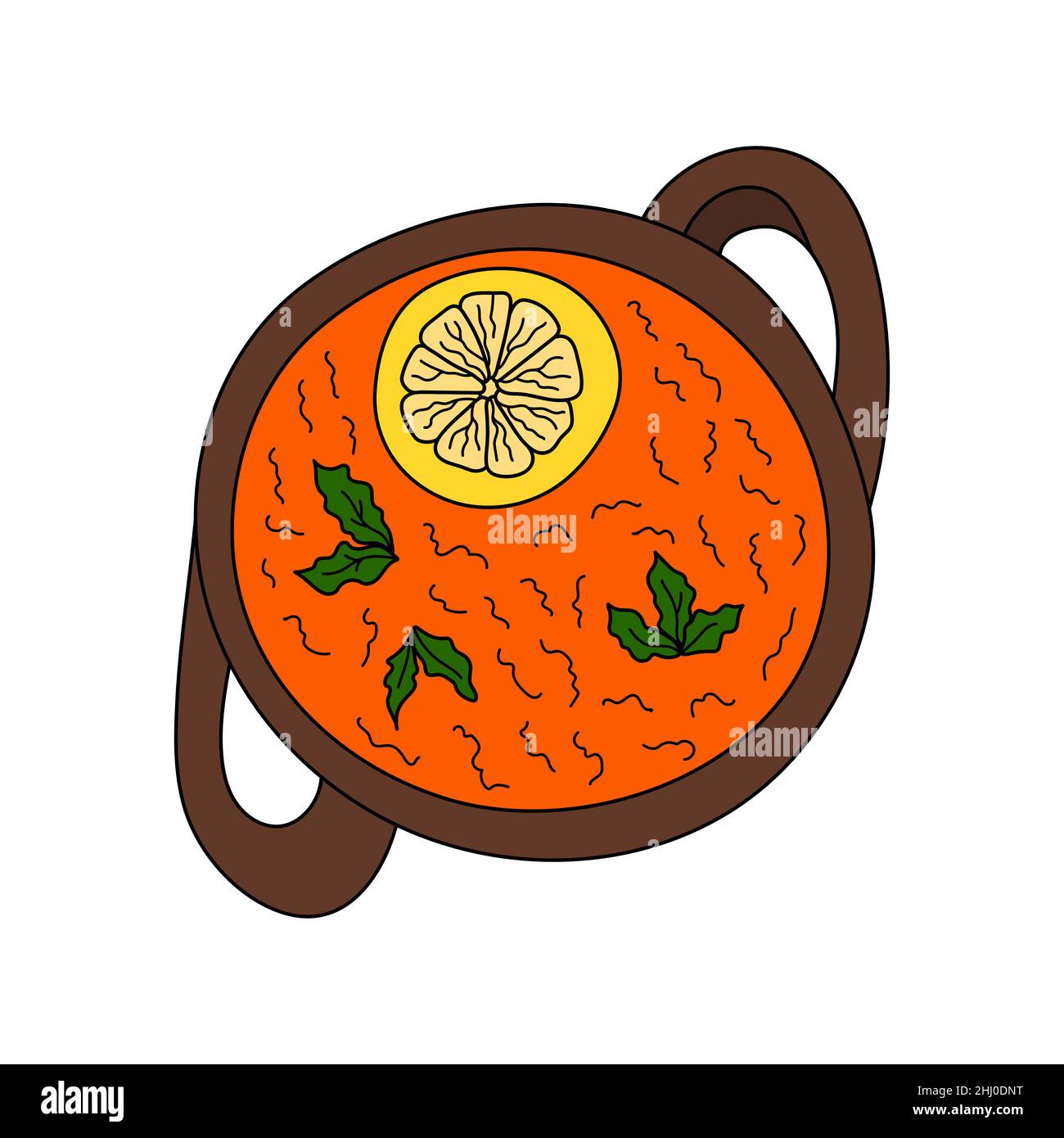 Zuppa greca tradizionale vegetariana con lenticchie. Illustrazione disegnata a mano con vettore. Elemento di design per menu cafe, bistro, ristorante. Illustrazione Vettoriale