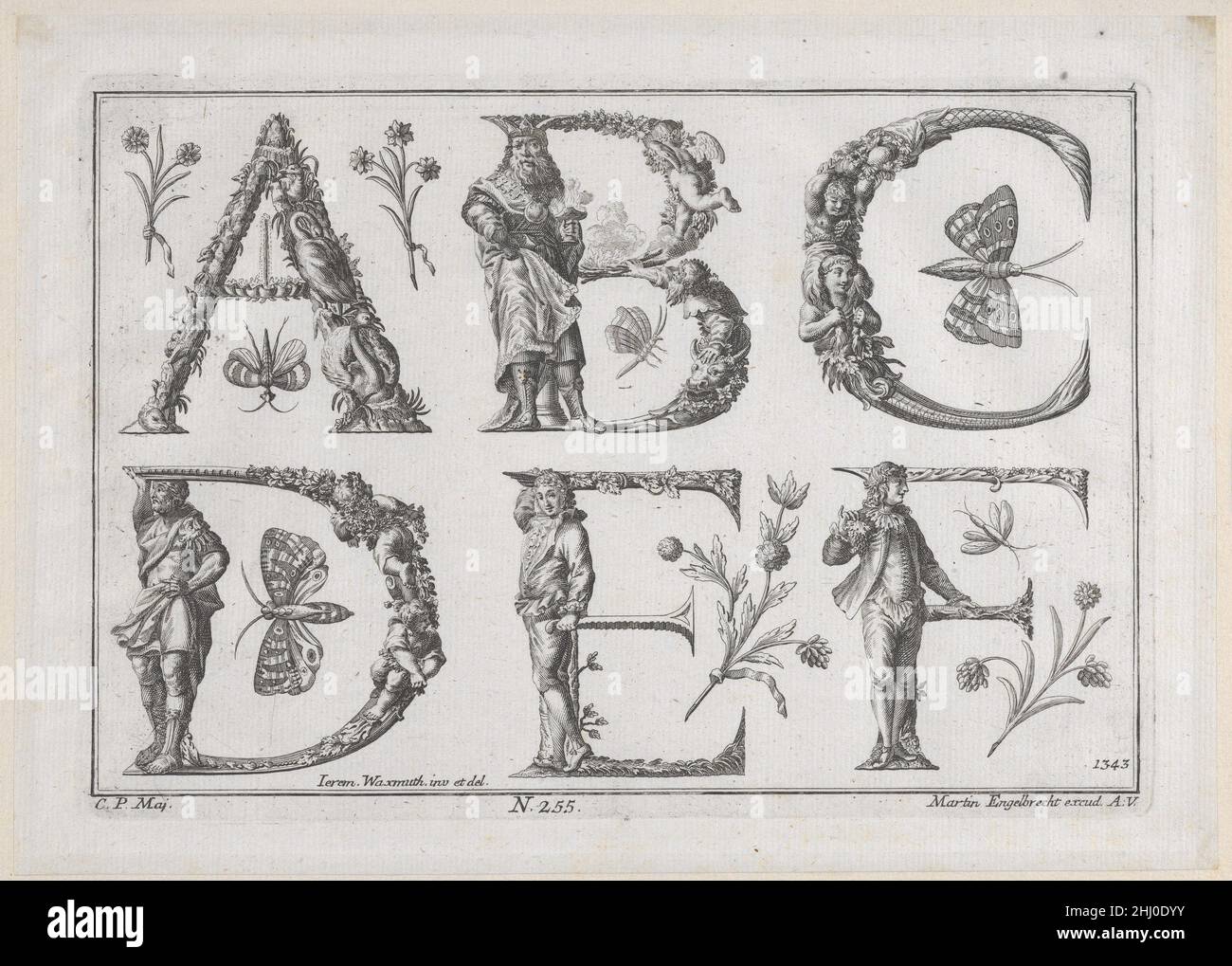 Decorato alfabeto romano 18th secolo Jeremias Wachsmuth. Decorato alfabeto romano 700316 Foto Stock