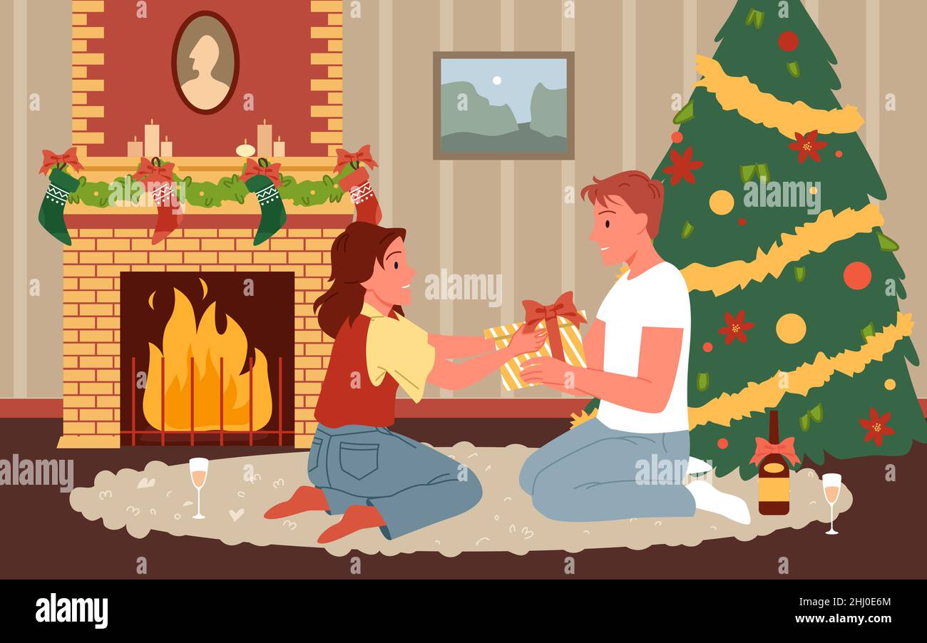 L'uomo e la donna del cartone animato si siedono sul pavimento con la scatola attuale vicino al camino, la gente festeggia nel soggiorno della casa con sfondo festoso dell'albero di abete. Natale Illustrazione Vettoriale