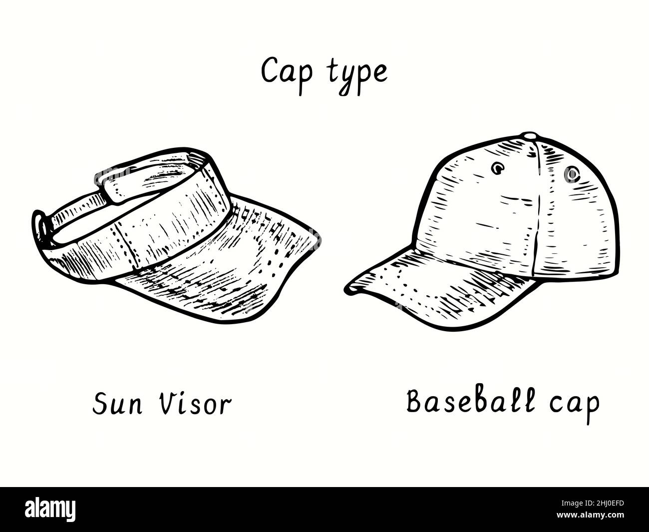 Tipi di tappi. Aletta parasole e cappello da baseball. Disegno in bianco e nero in legno Foto stock - Alamy