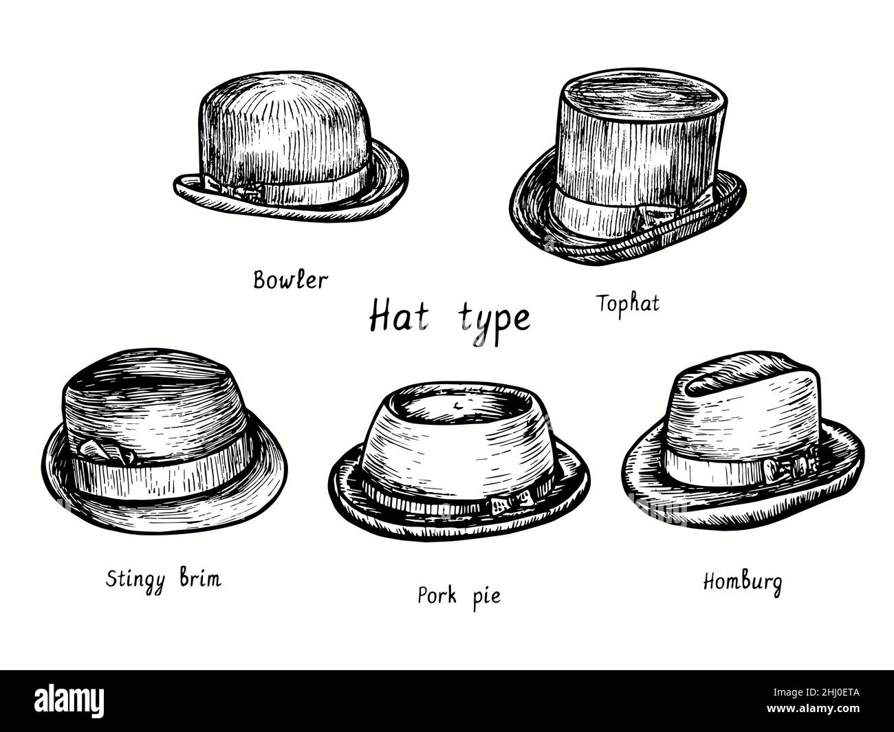 Tipo di cappello, ciotolo, cappello, brigata, torta di maiale, homburg. Immagine del disegno in bianco e nero con inchiostro Foto Stock