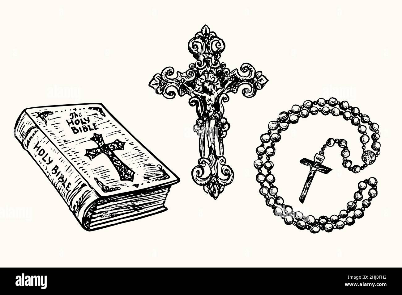Bibbia di Holly in stile vintage, croce decorativa con Crocifissione, perle di preghiera (perle di rosario cattolico romano). Immagine del disegno in bianco e nero con inchiostro Foto Stock
