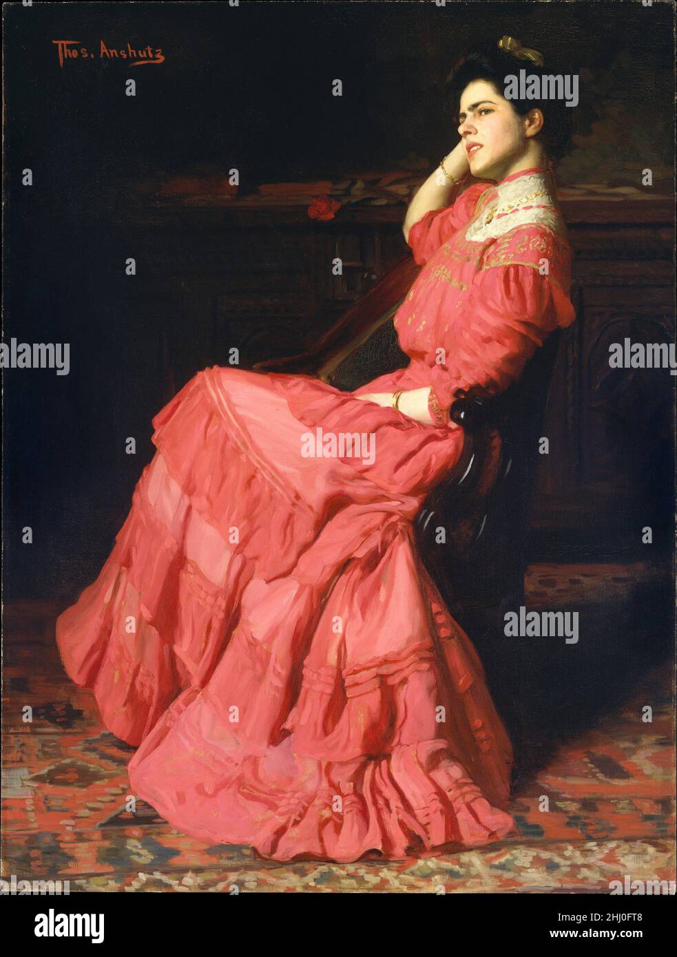 A Rose 1907 Thomas Anshutz americano uno dei più dotati insegnanti d'arte americani, Anshutz collega il realismo del suo mentore Thomas Eakins con quello della Ashcan School, alcuni dei quali erano suoi studenti. Forse perché Anshutz trascorse così tanto tempo ad insegnare, dipinse solo circa 130 oli. Alcune delle più impressionanti appartengono ad una serie di immagini di Rebecca H. Whelen, figlia di un fiduciario della Pennsylvania Academy of the fine Arts, dove Anshutz insegnò. La donna a piacere e la somiglianza di una bella donna ad un fiore sono temi comuni nella pittura americana di fine diciannovesimo secolo. Reflec Foto Stock A Rose 1907 Thomas Anshutz americano uno dei più dotati insegnanti d'arte americani, Anshutz collega il realismo del suo mentore Thomas Eakins con quello della Ashcan School, alcuni dei quali erano suoi studenti. Forse perché Anshutz trascorse così tanto tempo ad insegnare, dipinse solo circa 130 oli. Alcune delle più impressionanti appartengono ad una serie di immagini di Rebecca H. Whelen, figlia di un fiduciario della Pennsylvania Academy of the fine Arts, dove Anshutz insegnò. La donna a piacere e la somiglianza di una bella donna ad un fiore sono temi comuni nella pittura americana di fine diciannovesimo secolo. Reflec Foto Stock