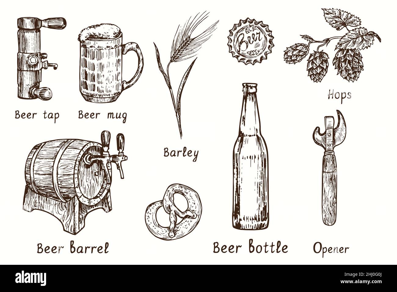 Raccolta di birra, rubinetto di birra, tazza concavità, barile, orzo, tappo per bottiglia, luppolo, pretzel, bottiglia, lattina e apribottiglie. Disegno a losco bianco e nero a inchiostro Foto Stock