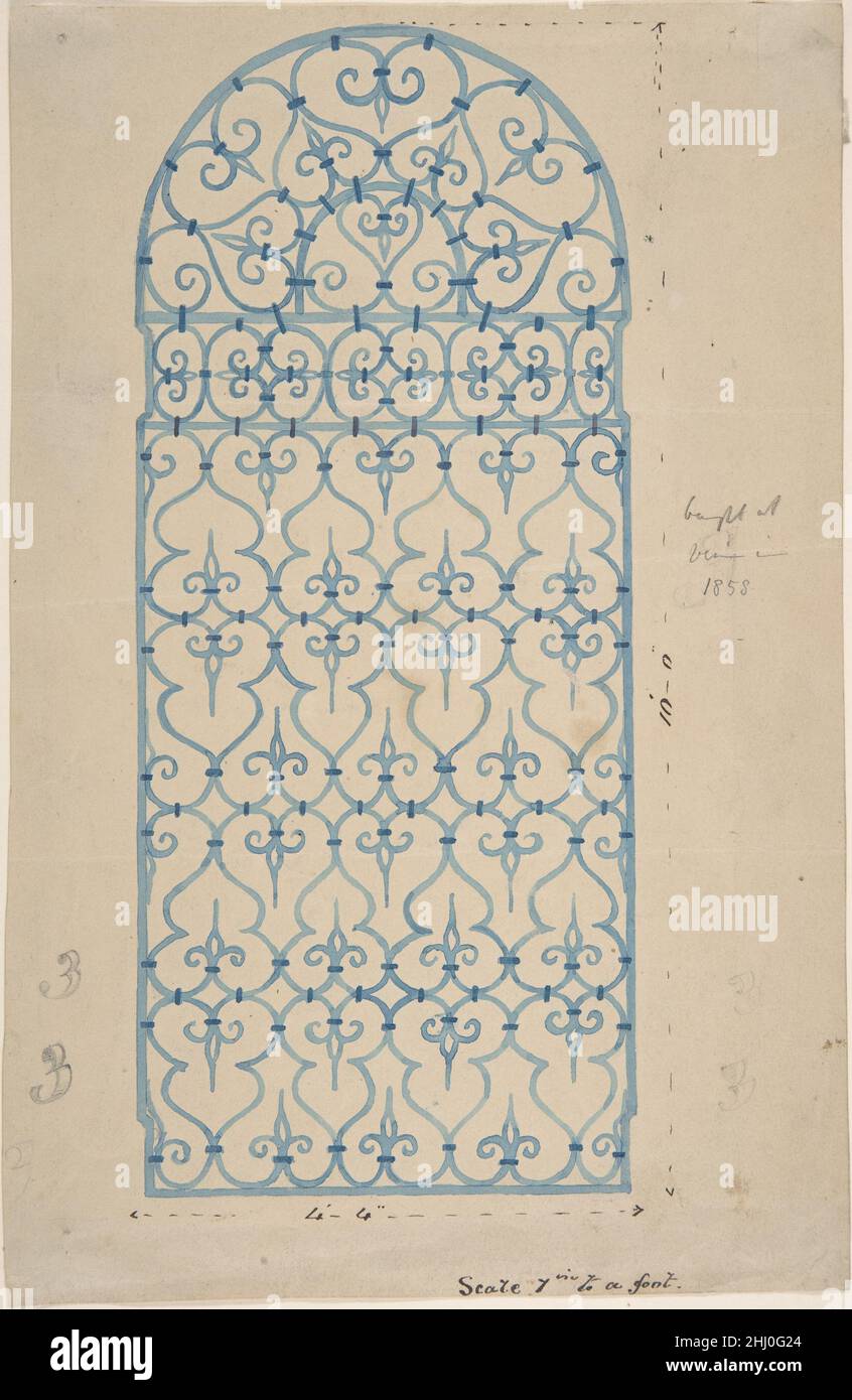 Ferro battuto Gate Design (recto), bozzetti per Bracket (verso) 1870–1900 Anonimo, britannico, 19th secolo britannico. Disegno del cancello di ferro battuto (recto), disegni per la staffa (verso) 386726 Foto Stock