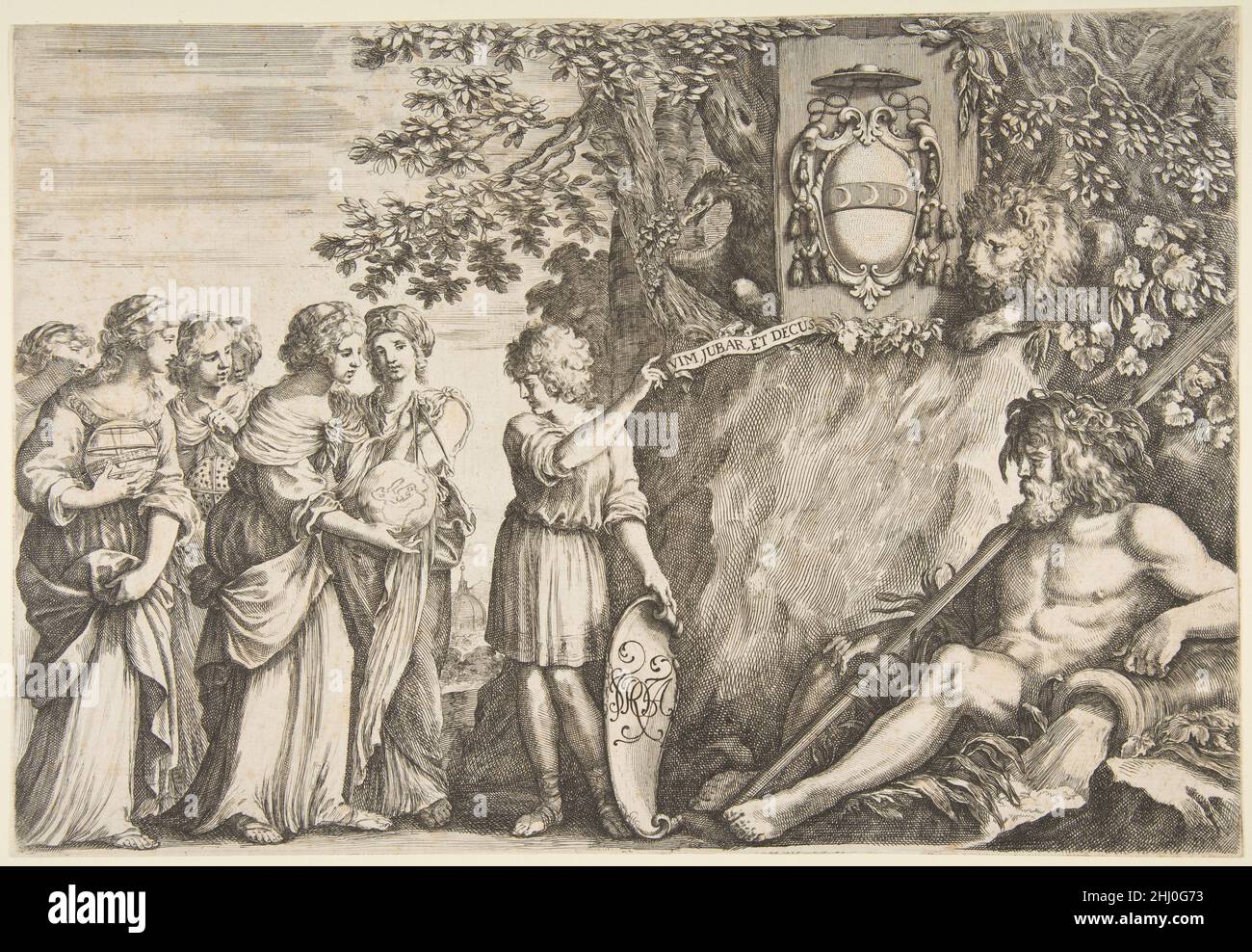 Ornamento per una tesi, lo stemma Strozzi in cima ca. 1660 disegnata da Stefano della Bella Italian un giovane guida un gruppo di fanciulle verso lo stemma Strozzi, tenuto su uno sperone roccioso tra un leone e un'aquila. Questa giovinezza si attente a un banderolo latino tradotto come "forza, gloria e onore", proclamando i premi ricevuti dalla nobile famiglia come dedite della stampa. Le figure contengono un globo terrestre, un globo celeste, una bussola e una sfera armillare, che rappresentano i tentativi dell’umanità di tracciare la terra e il cosmo. Un Dio allegorico del fiume si distende in Foto Stock